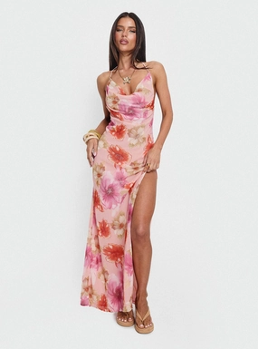 Zip Ease Tailored Fit Sibellah Beaded Cowl Neck Maxi Dress Pink Multi