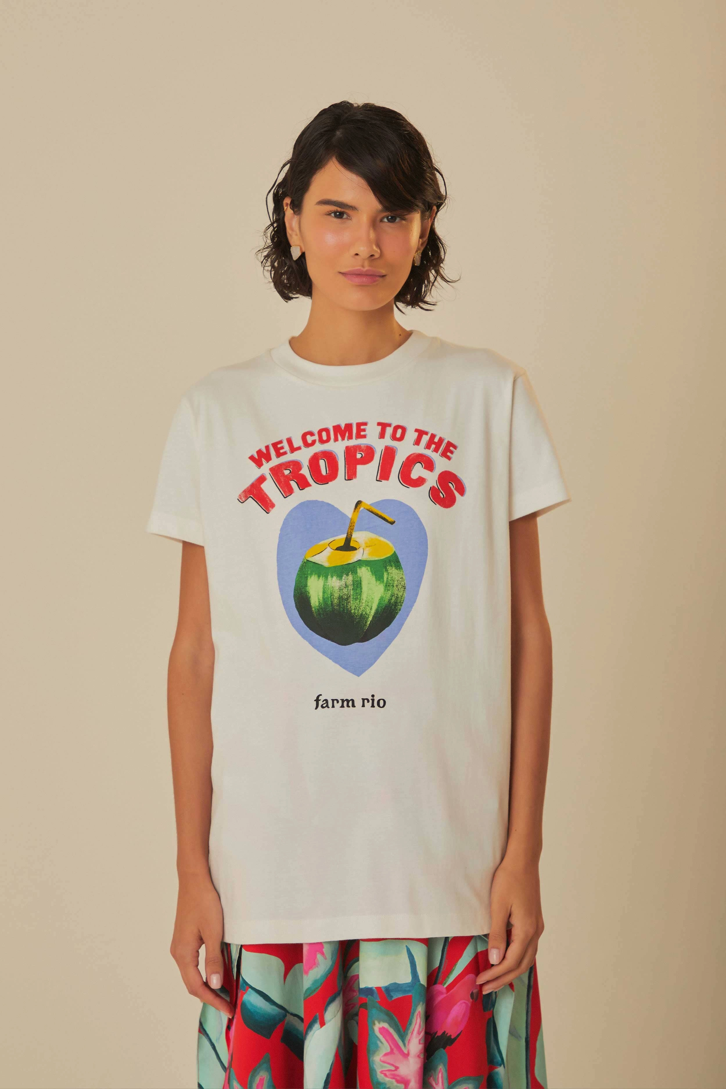 White Welcome To The Tropics Organic Cotton T-Shirt Chic and Cozy Non Restrictive Fit