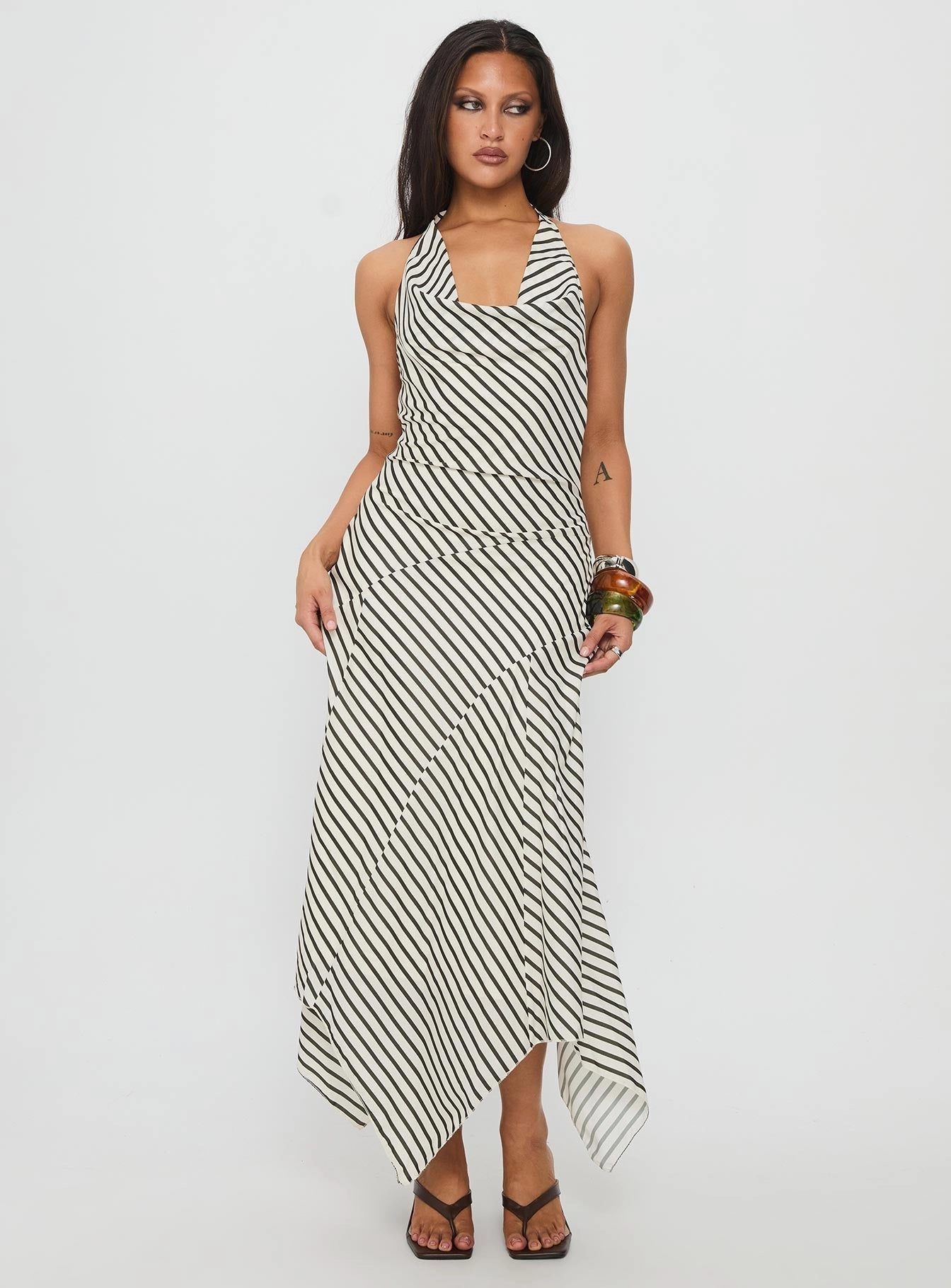 Junipa Halter Asymmetrical Maxi Dress White Stripe Elegant Everyday Casual Chic Wear