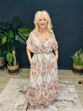 Printed Maxi Shirt Dress Mocha Fresh Color Evening Wear