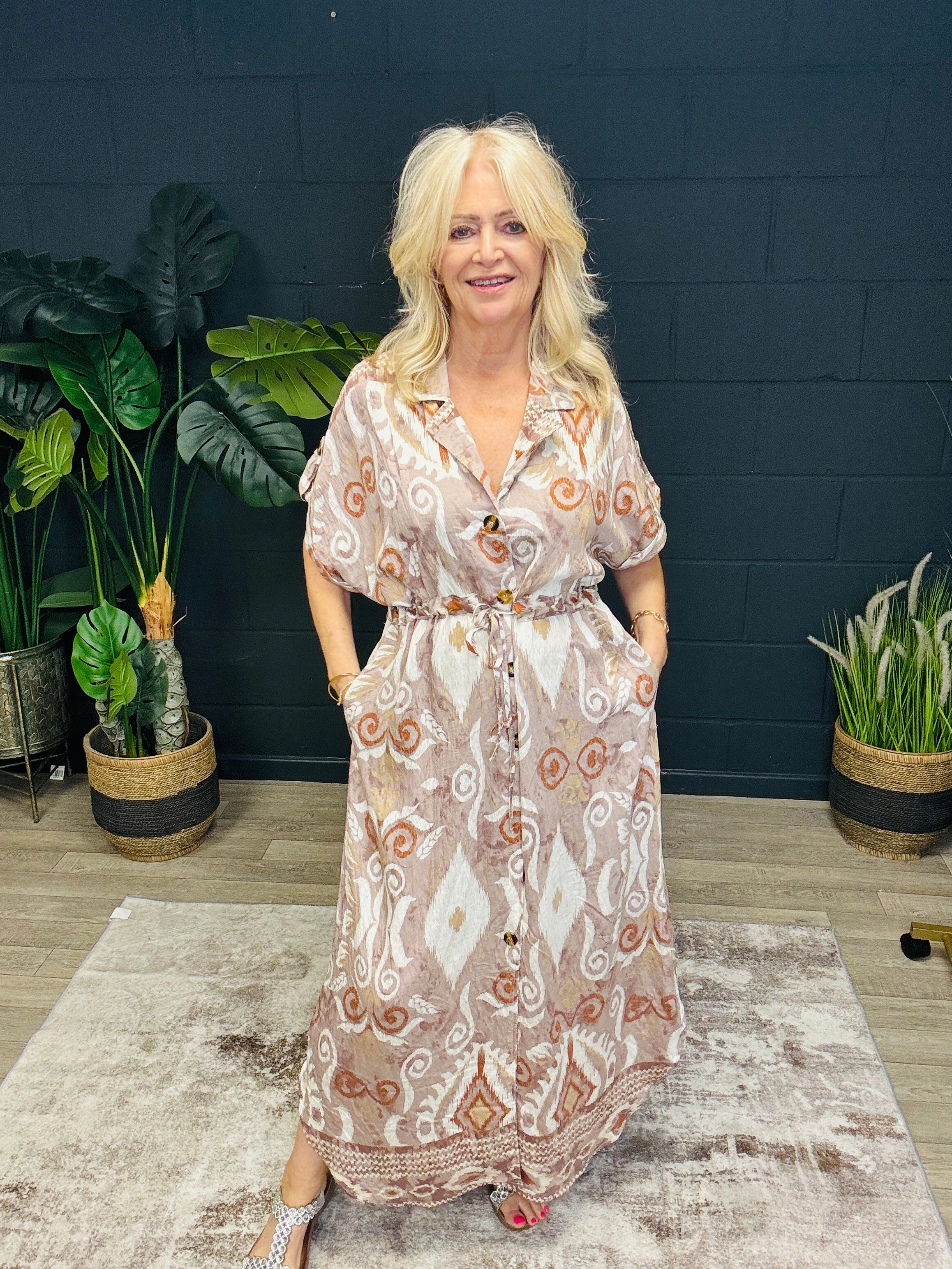 Printed Maxi Shirt Dress Mocha Fresh Color Evening Wear