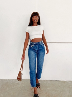 Asymmetric Exposed Button Fly Mid Wash Mom Jeans Style Combo Autumn Days Parent Style