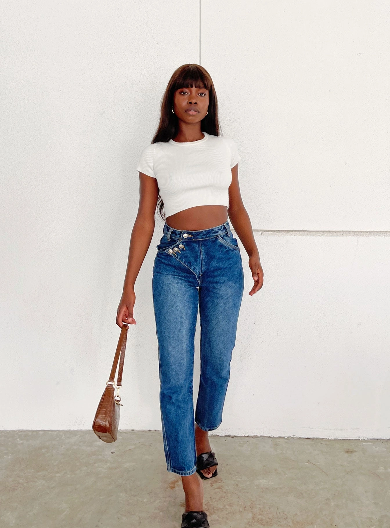Asymmetric Exposed Button Fly Mid Wash Mom Jeans Style Combo Autumn Days Parent Style