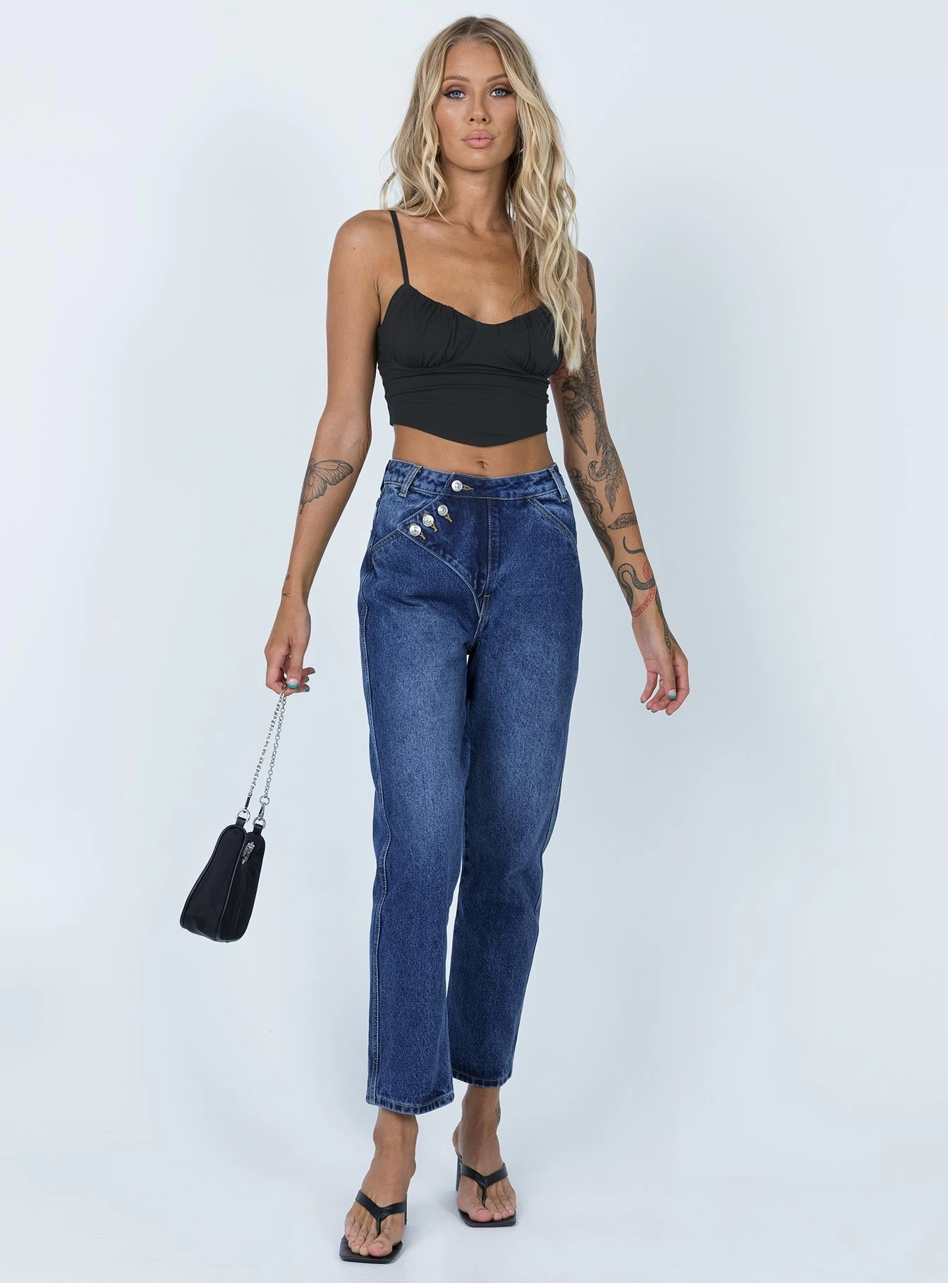 Asymmetric Exposed Button Fly Mid Wash Mom Jeans Go-to Comfort