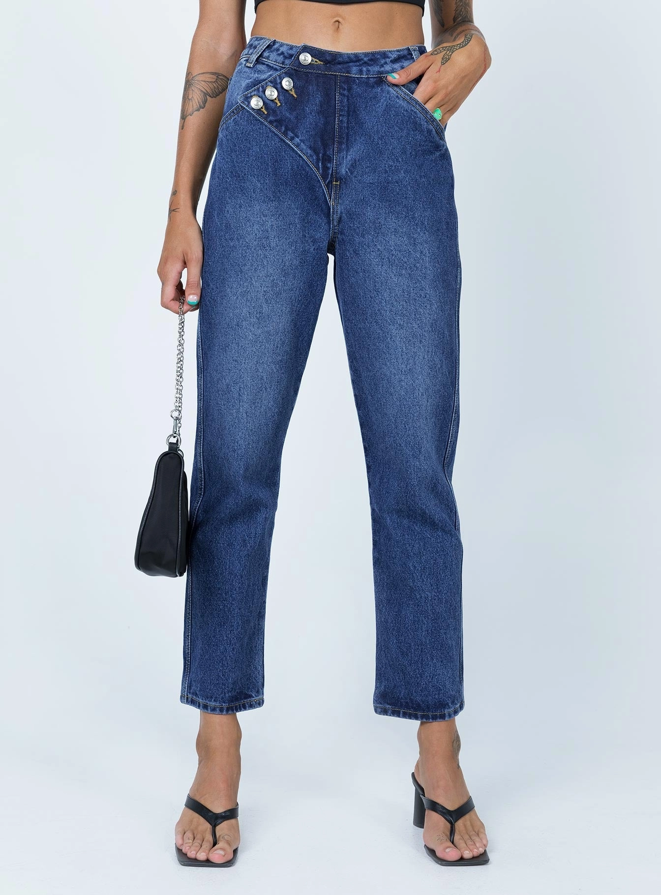 Asymmetric Exposed Button Fly Mid Wash Mom Jeans Clean Aesthetic Simple Touch