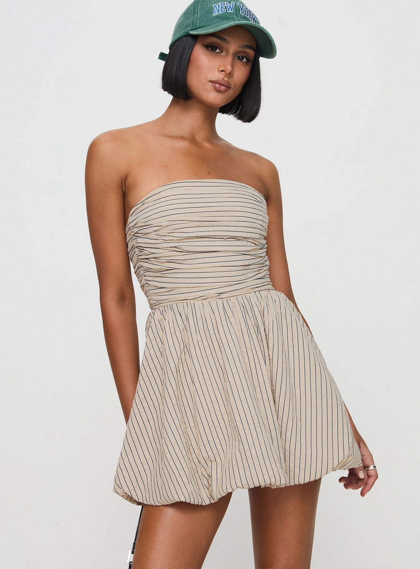 Quinette Strapless Bubble Hem Mini Dress Beige Stripe Silk Shine Chic beachwear dress