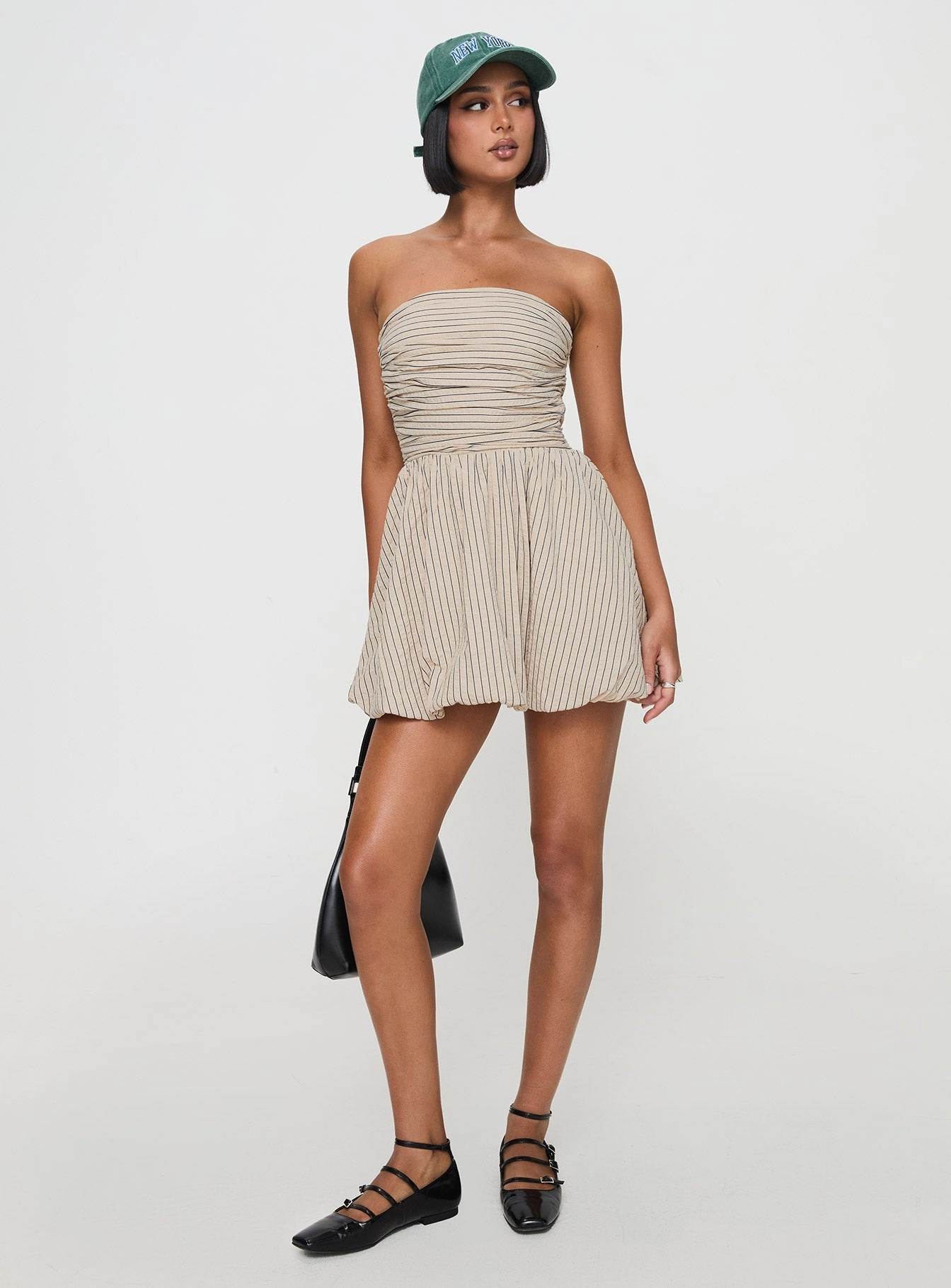 Quinette Strapless Bubble Hem Mini Dress Beige Stripe Crisp Detail Bodycon-Fit