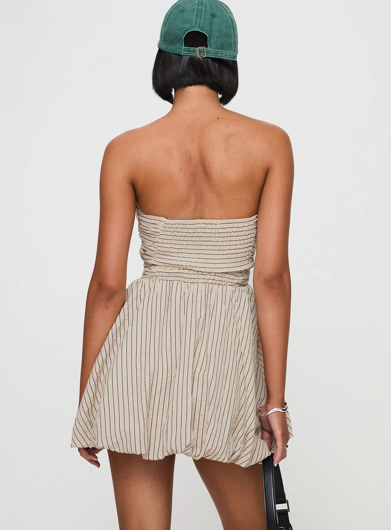 Quinette Strapless Bubble Hem Mini Dress Beige Stripe Timeless Vibe Quilted-Lining
