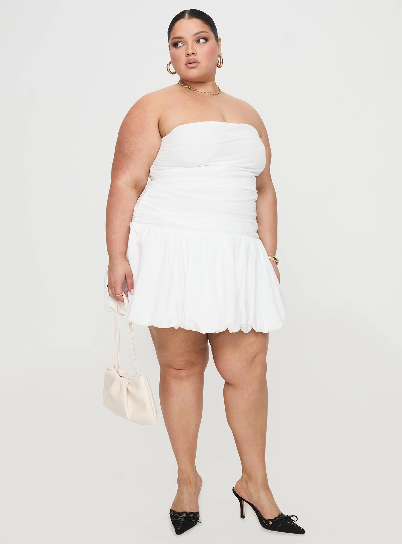 Glamour Girl Strapless Bubble Hem Mini Dress White Curve Flow Line
