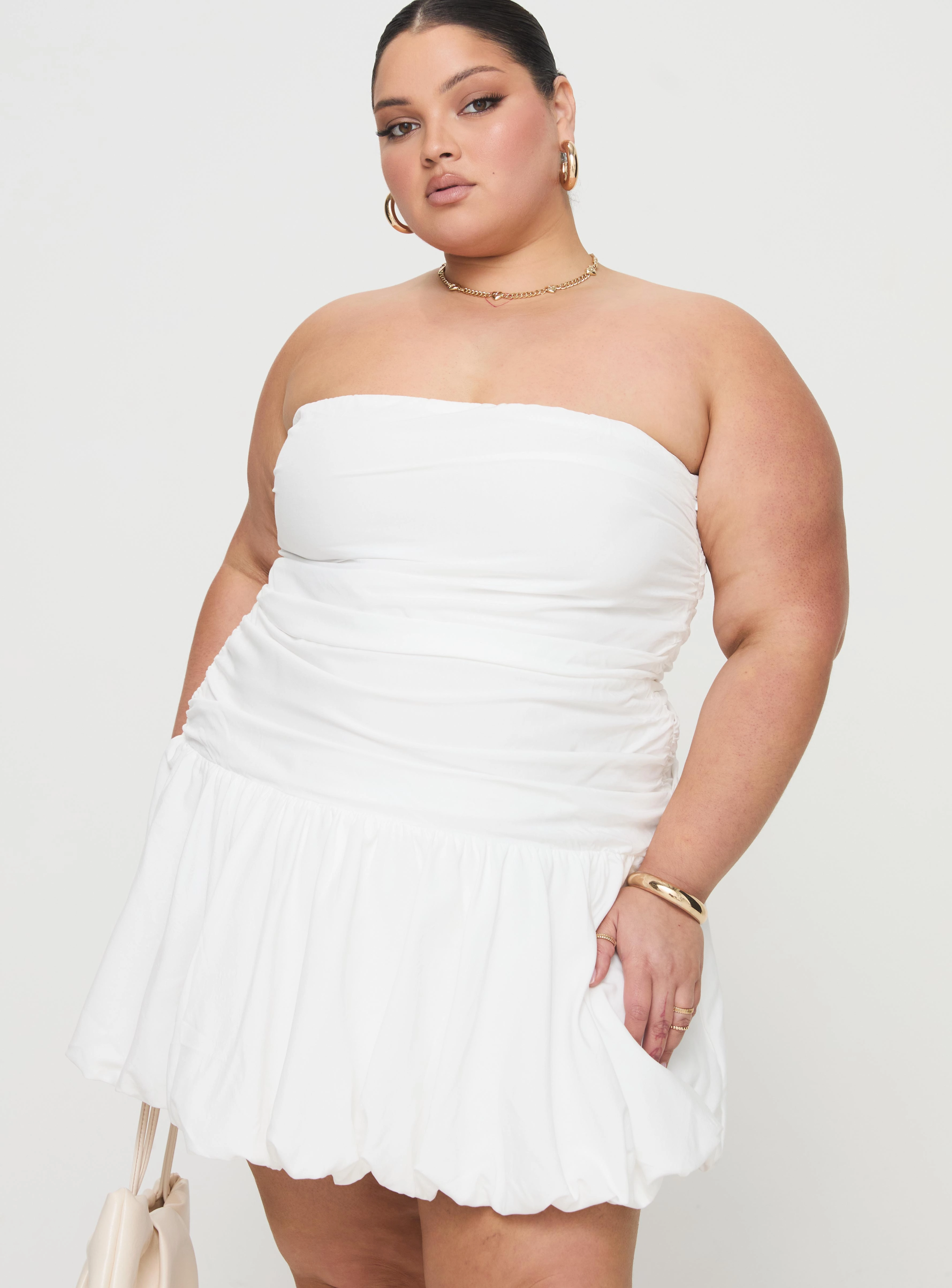 Chic and Flattering Classic Layers Glamour Girl Strapless Bubble Hem Mini Dress White Curve
