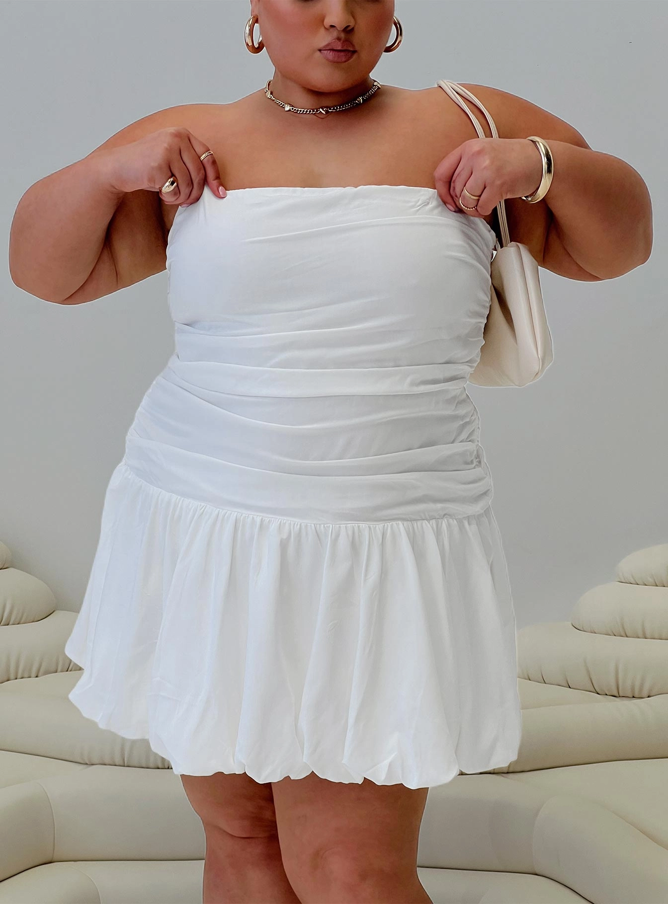 Formal Choice Glamour Girl Strapless Bubble Hem Mini Dress White Curve