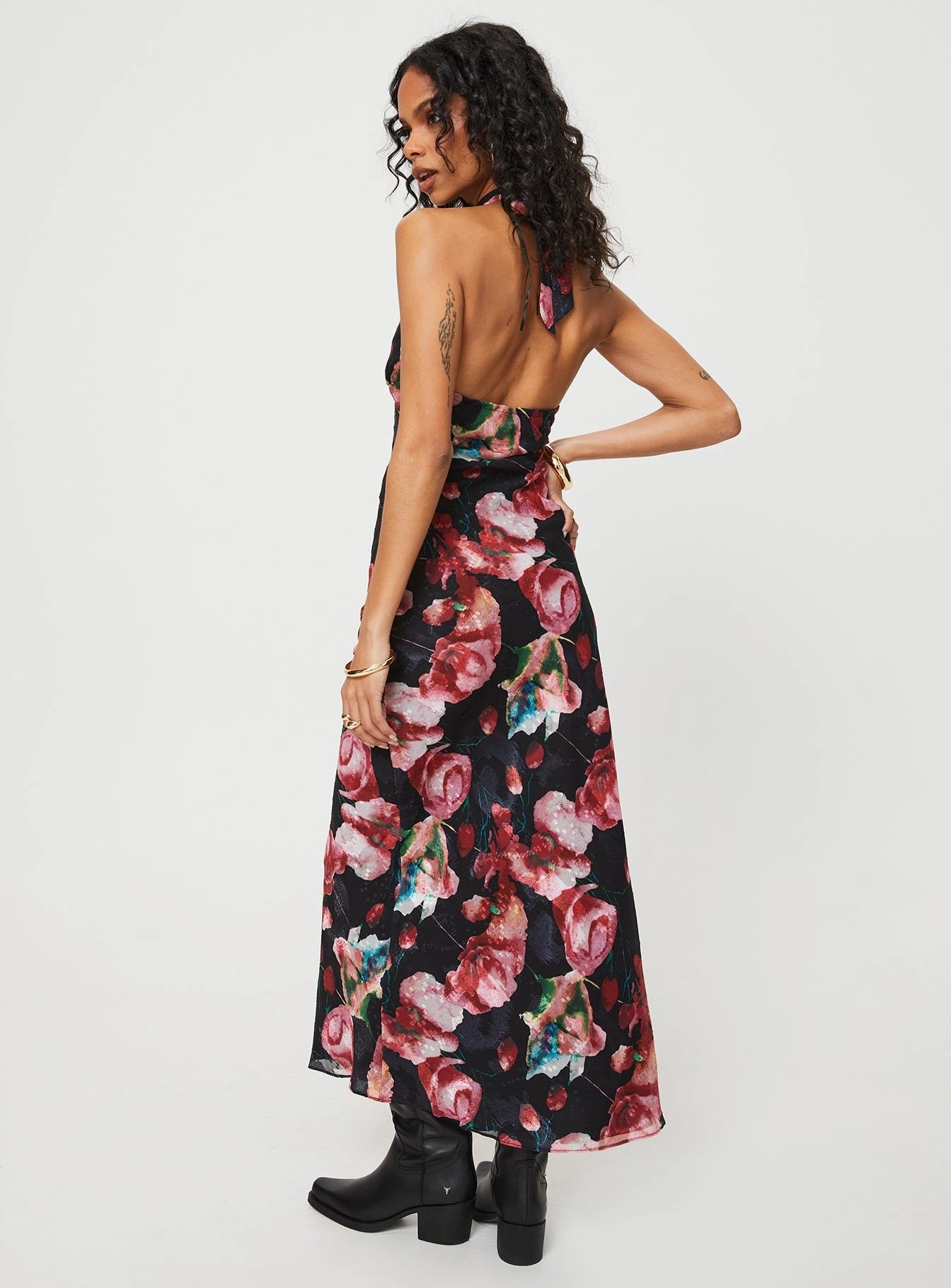 Moulin Halter Maxi Dress Black / Red Floral Airy Fit Striped-Pattern