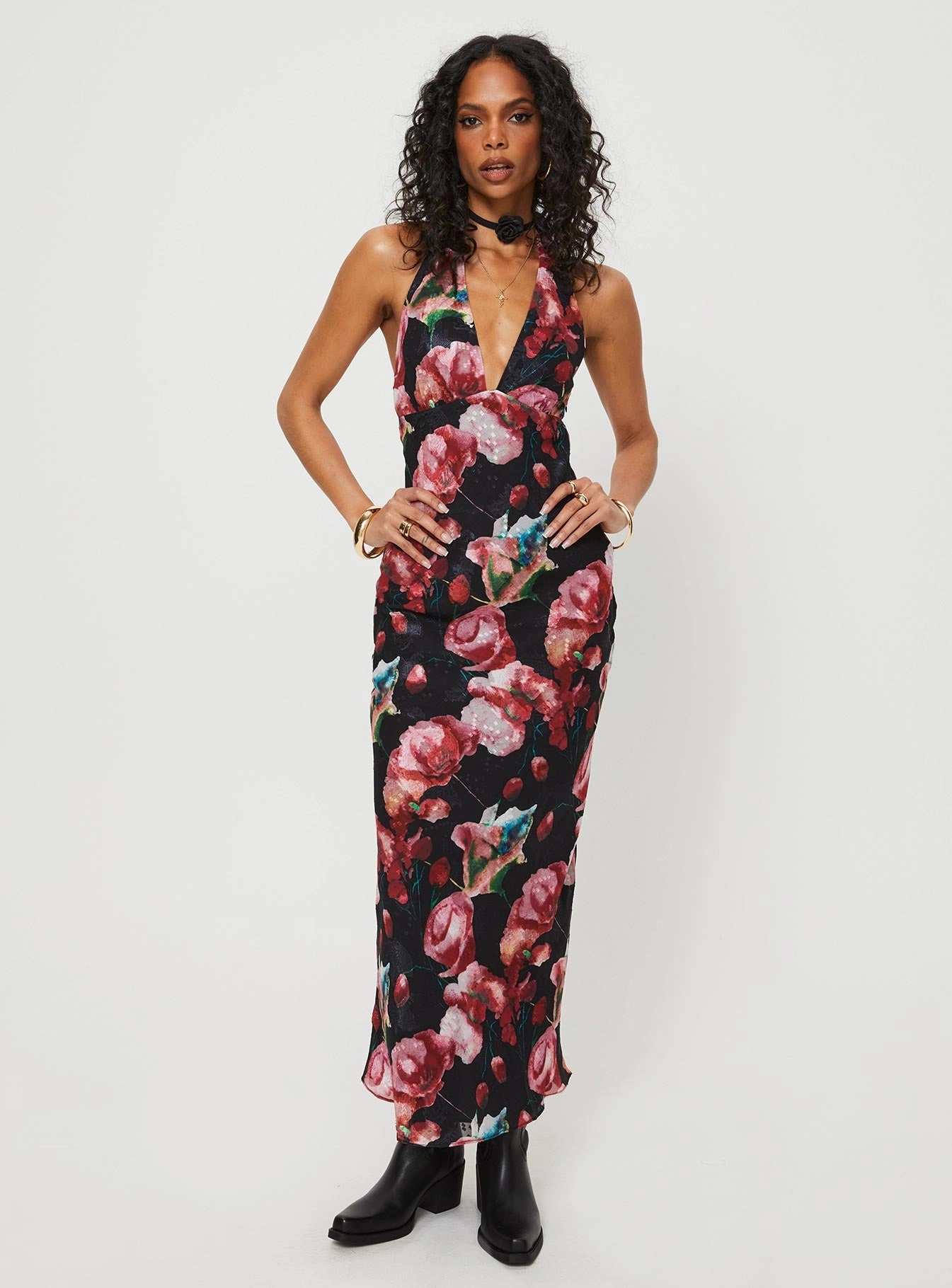 All Gender Fit Moulin Halter Maxi Dress Black / Red Floral