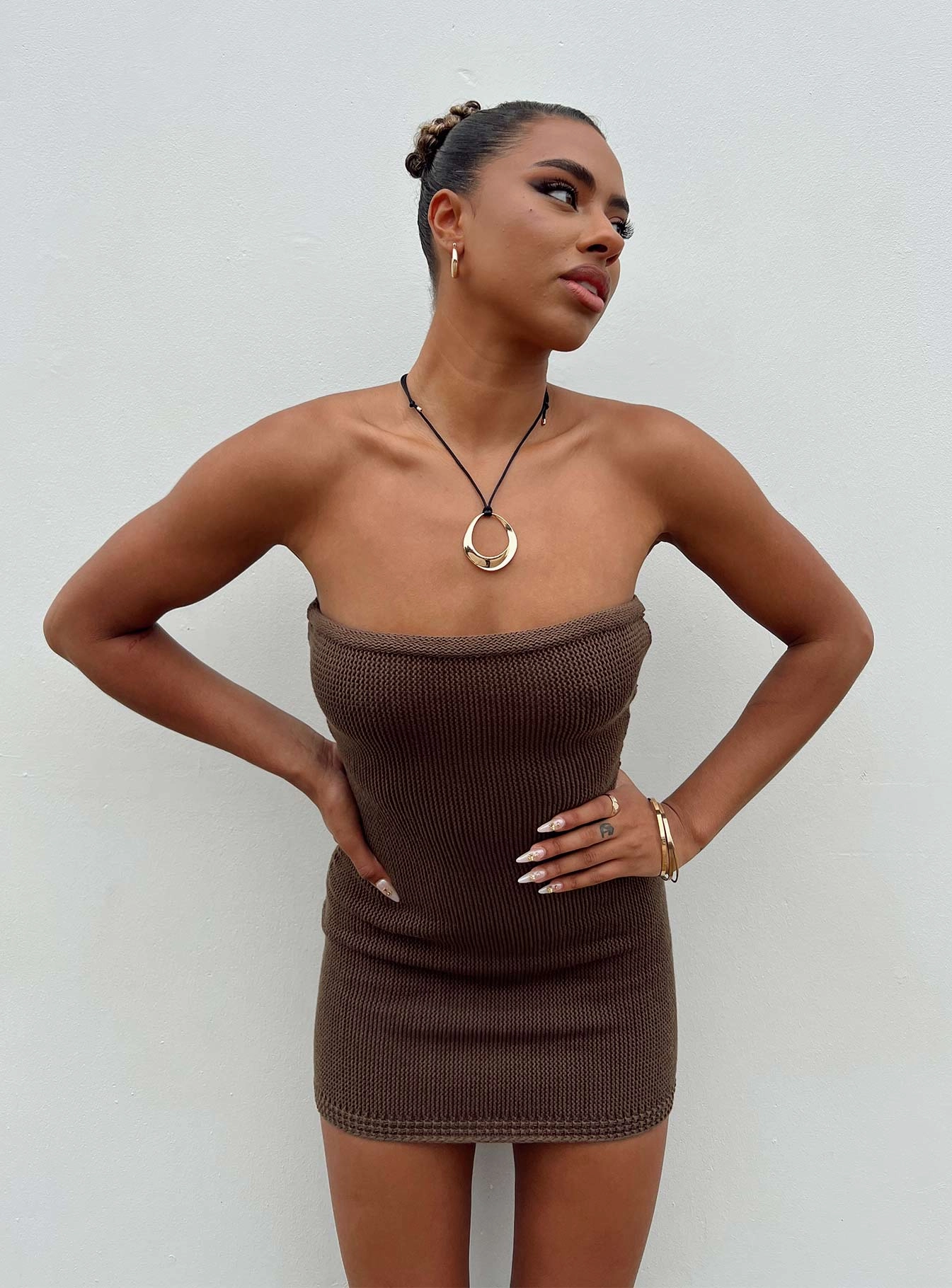 Flow Strapless Mini Dress Brown Easy Style