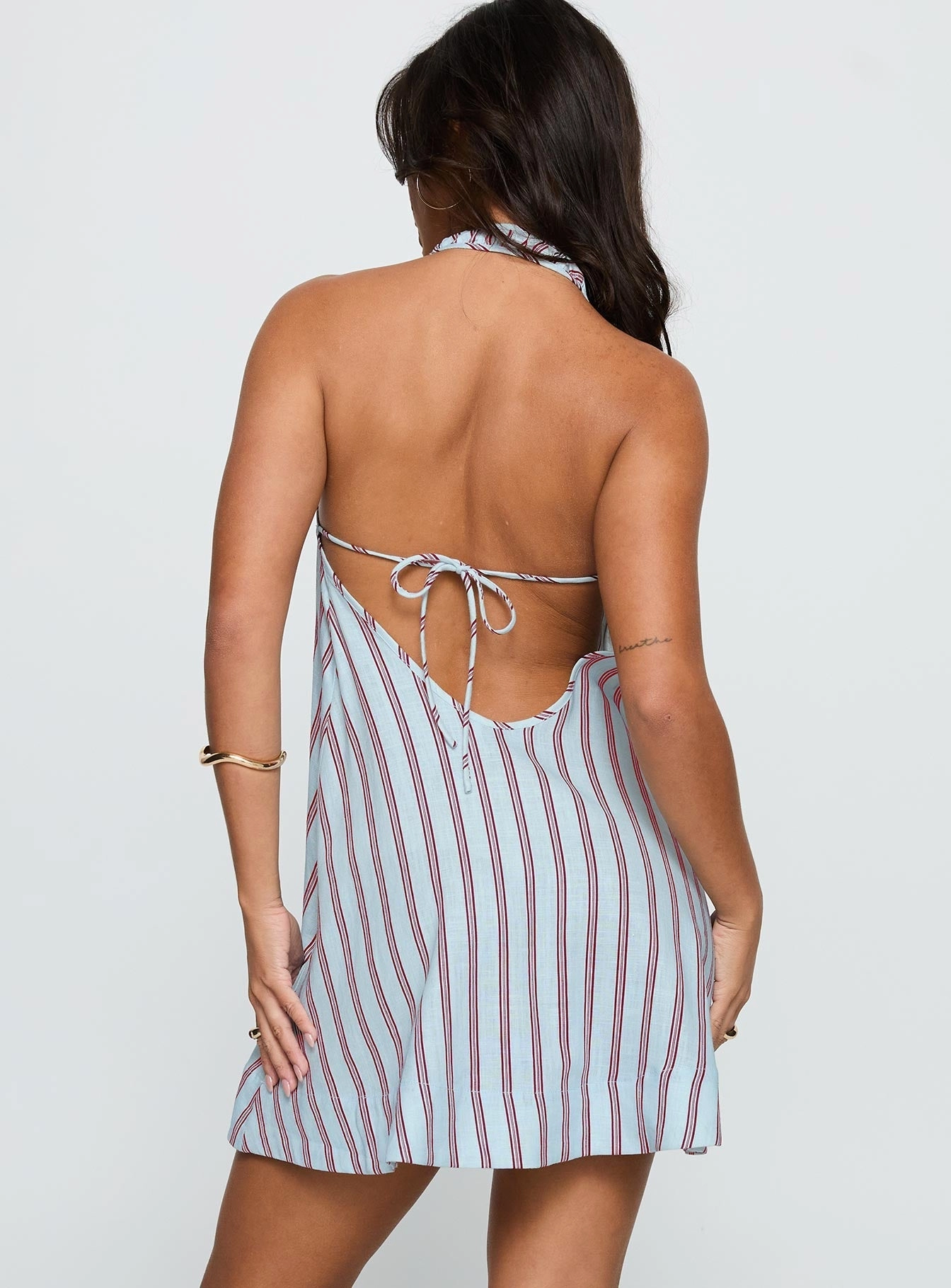 Daydreams Linen Blend Halter Mini Dress Blue / Maroon Stripe Easy Go