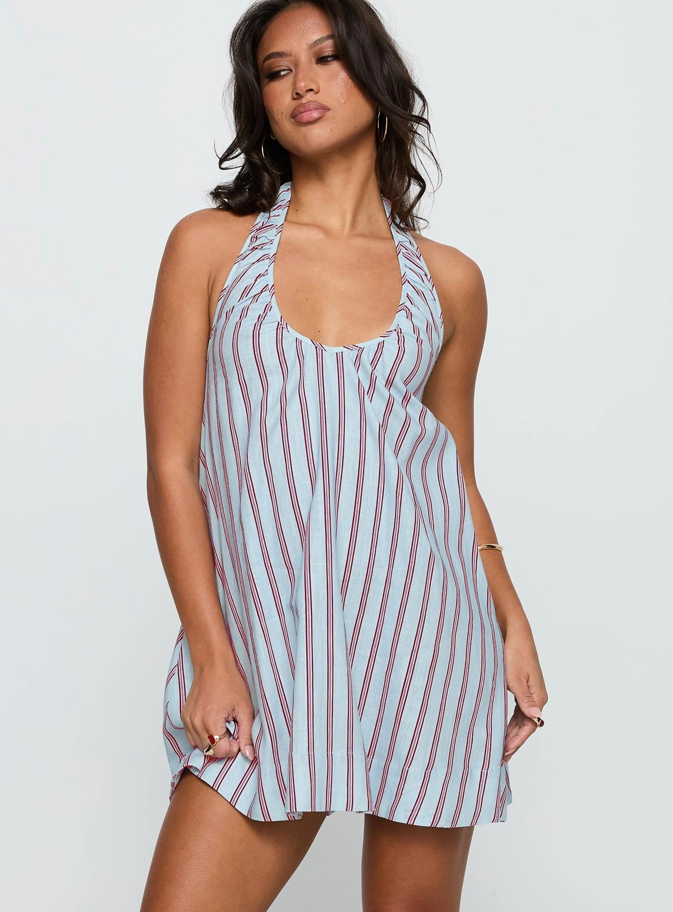 Clean Stitch Relax Layers Daydreams Linen Blend Halter Mini Dress Blue / Maroon Stripe