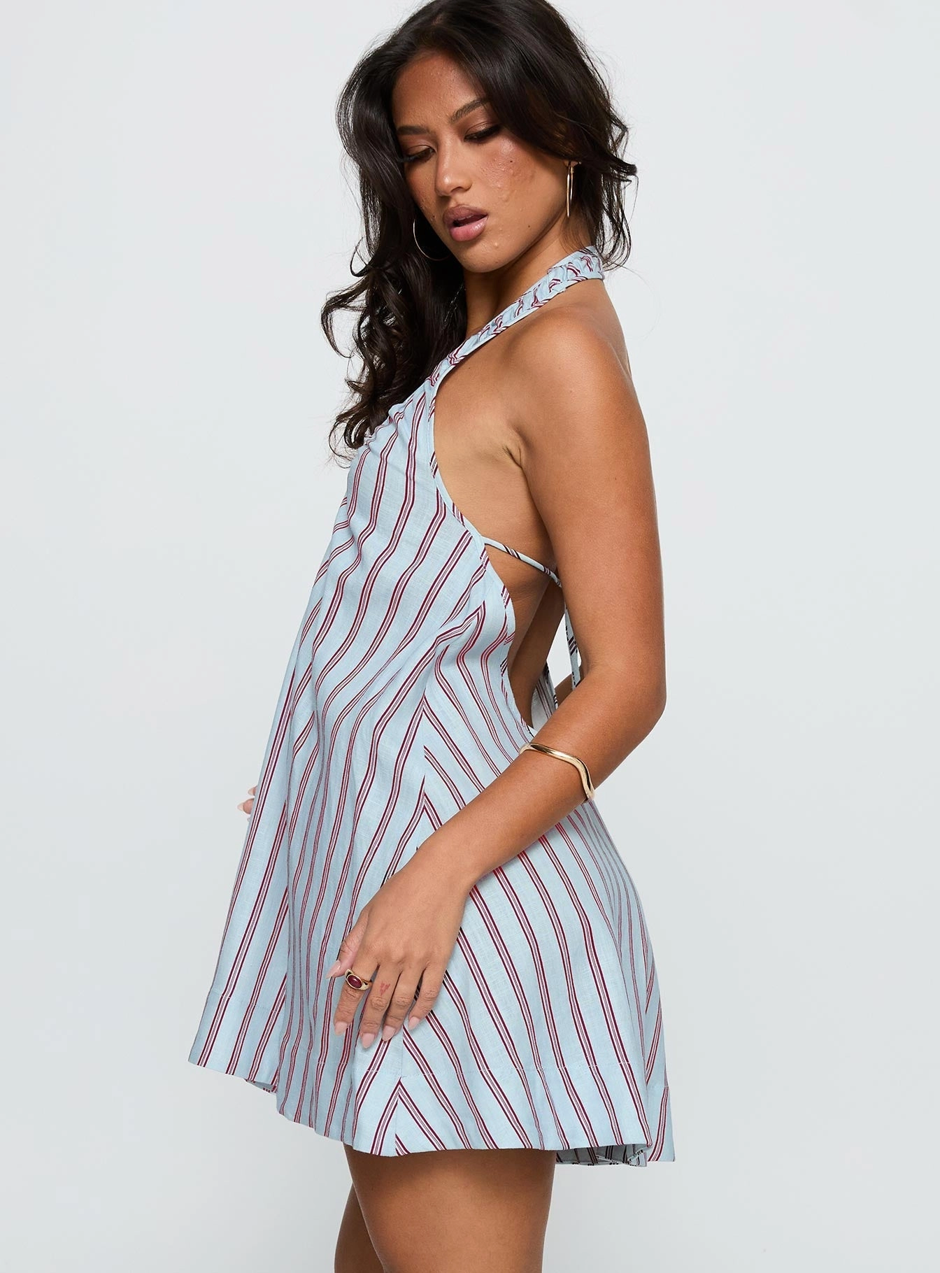 Natural Light Daydreams Linen Blend Halter Mini Dress Blue / Maroon Stripe