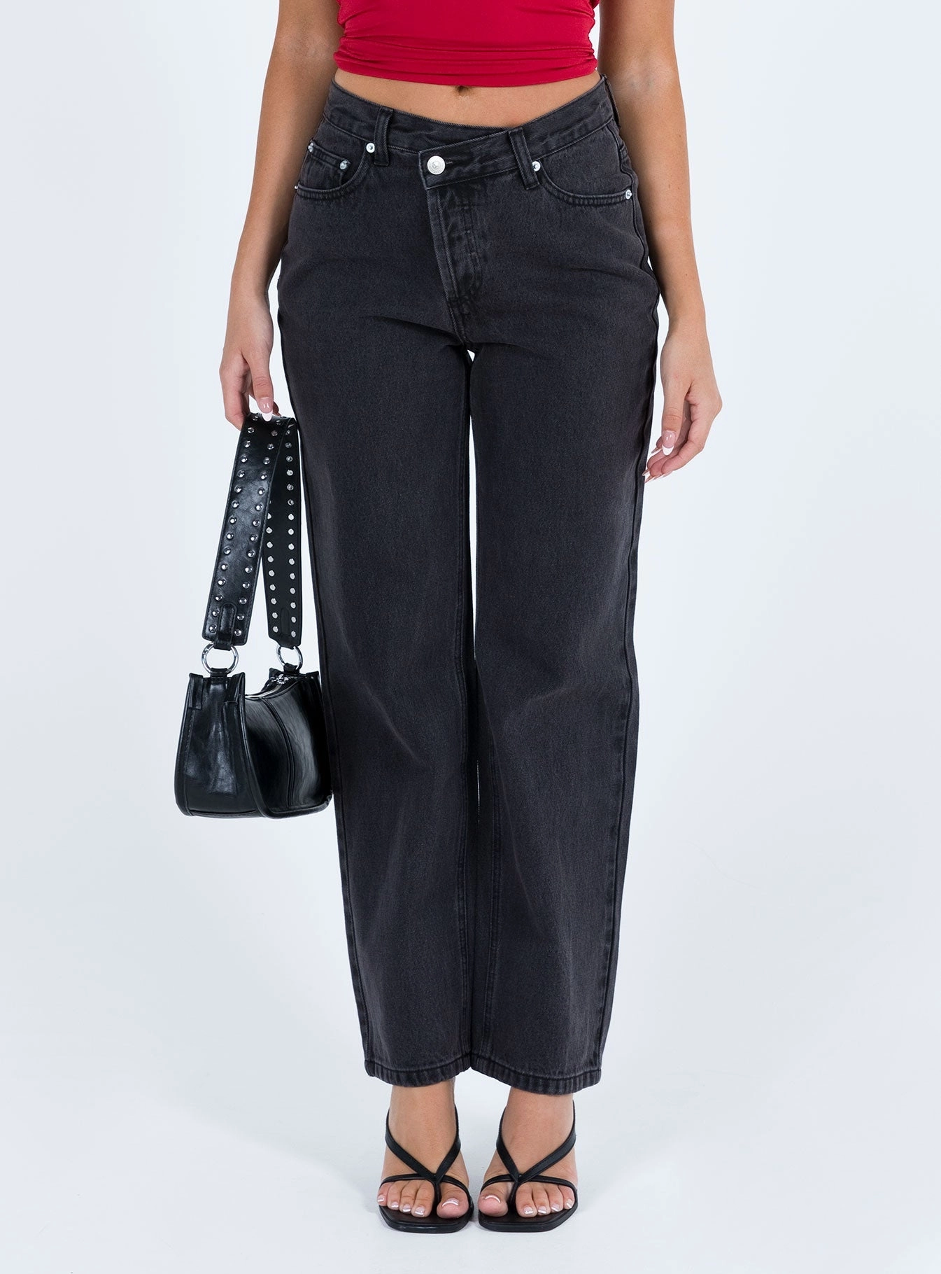 Holly Asymmetric Straight Leg Jean Black Denim Petite Non Restrictive Thigh On The Move
