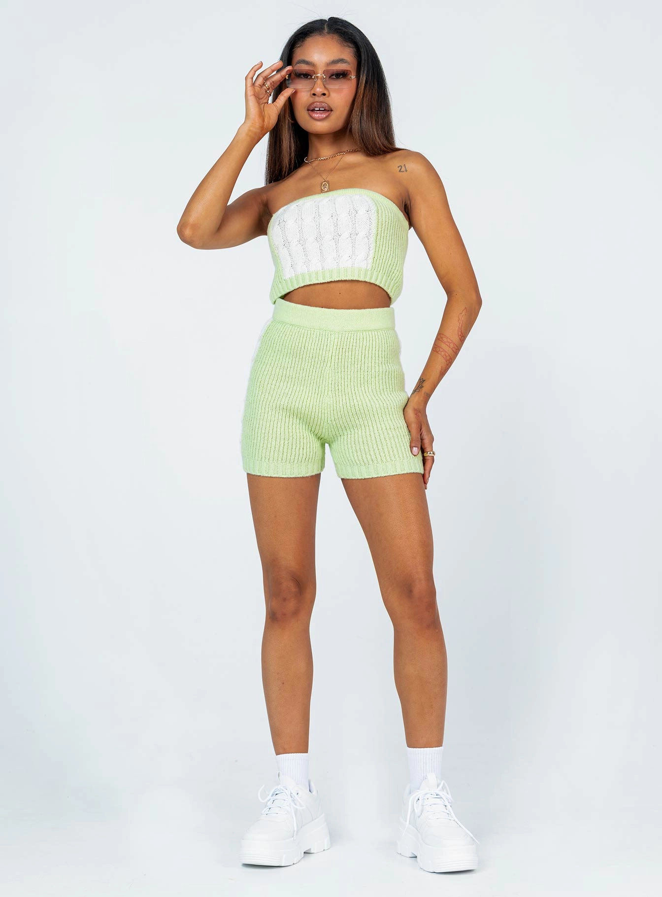 Cal Cable Knit Shorts Green Leather Look