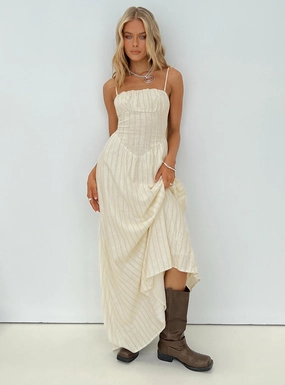 Long Lines Stretchable Slow Dance Linen Blend Maxi Dress Cream / Blue