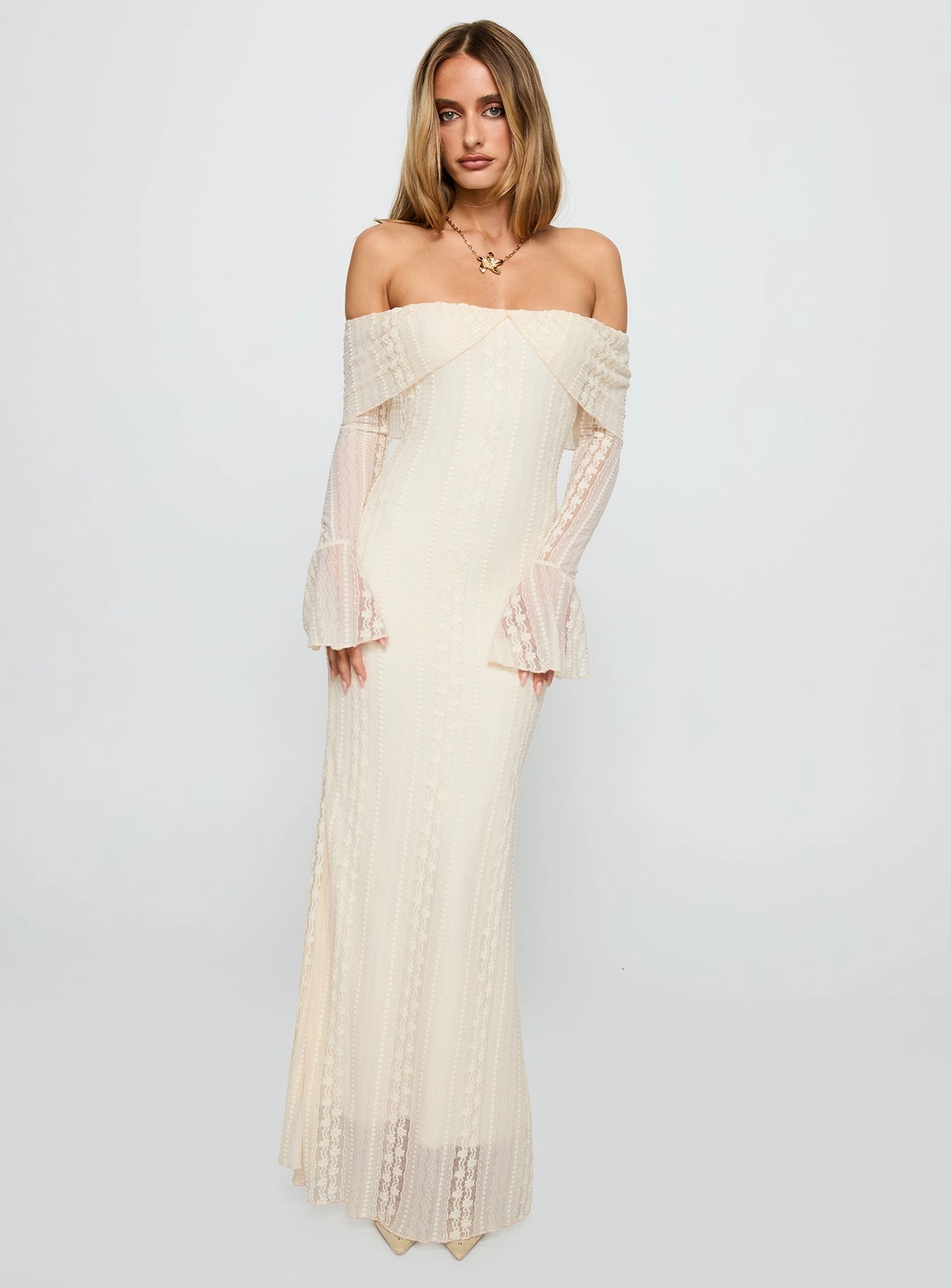 Tulle-Overlay Perdita Long Sleeve Lace Maxi Dress Cream