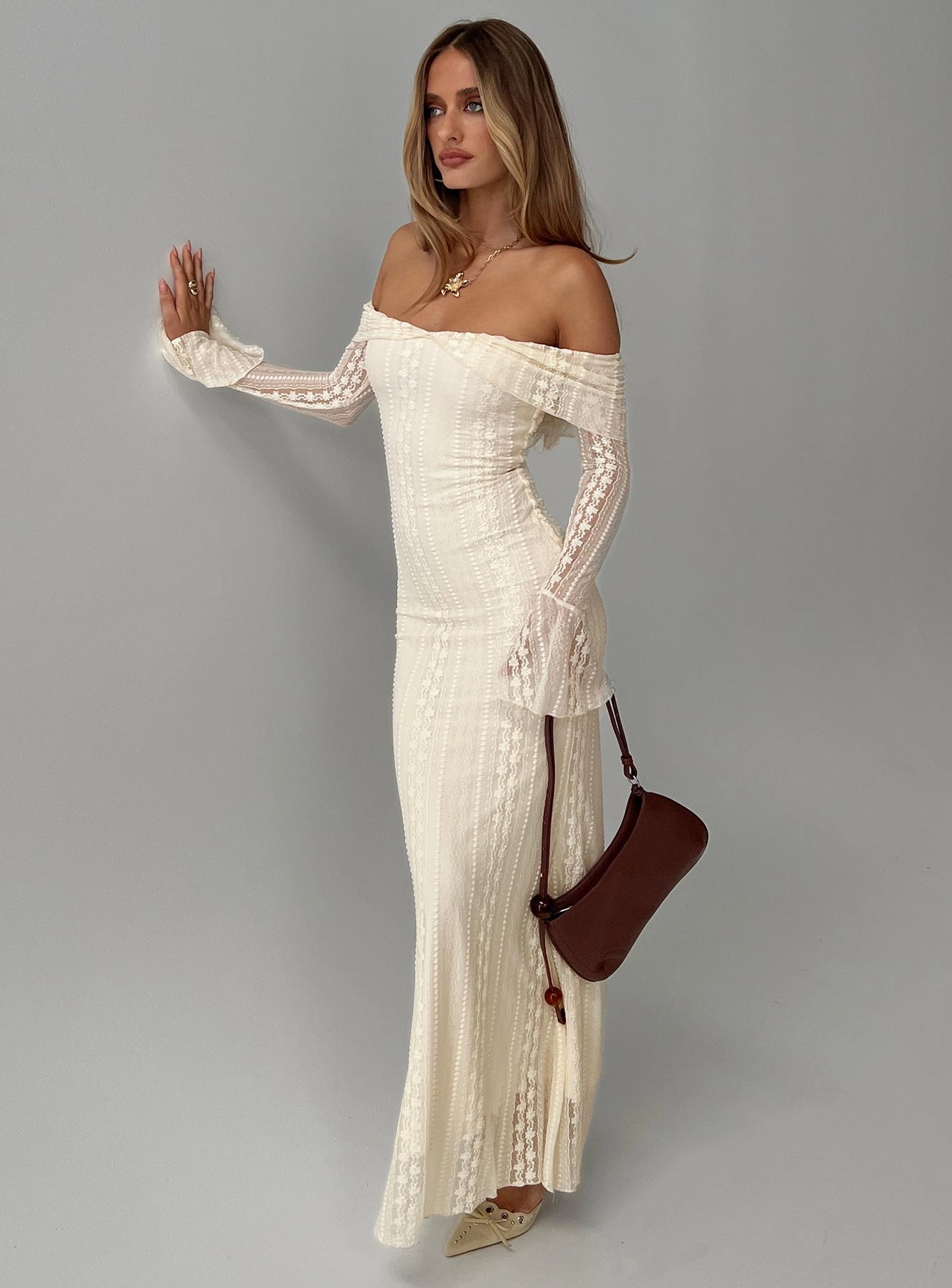 Perdita Long Sleeve Lace Maxi Dress Cream Calm Shine Charming Fit