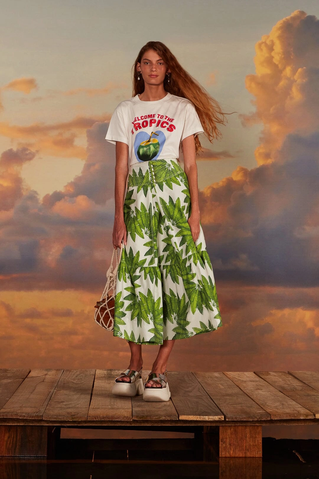Chafe Resistant Off-White Palm Fan Organic Cotton Maxi Skirt