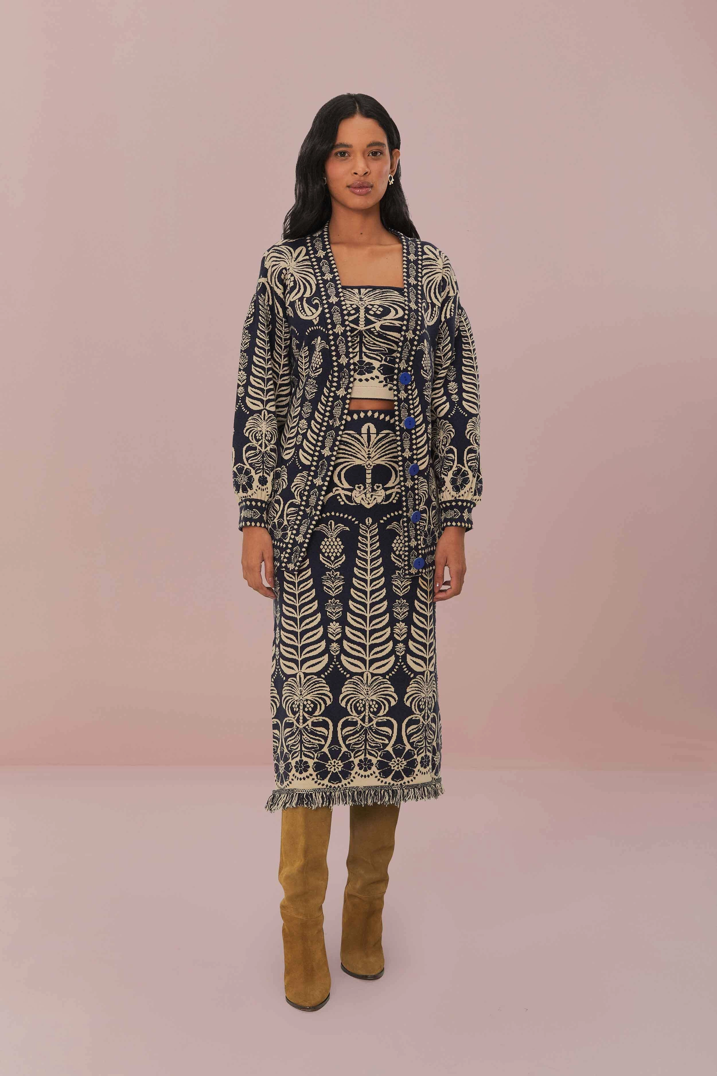 Soft Mood Navy Blue Ainika Tropical Splendor Knit Midi Skirt