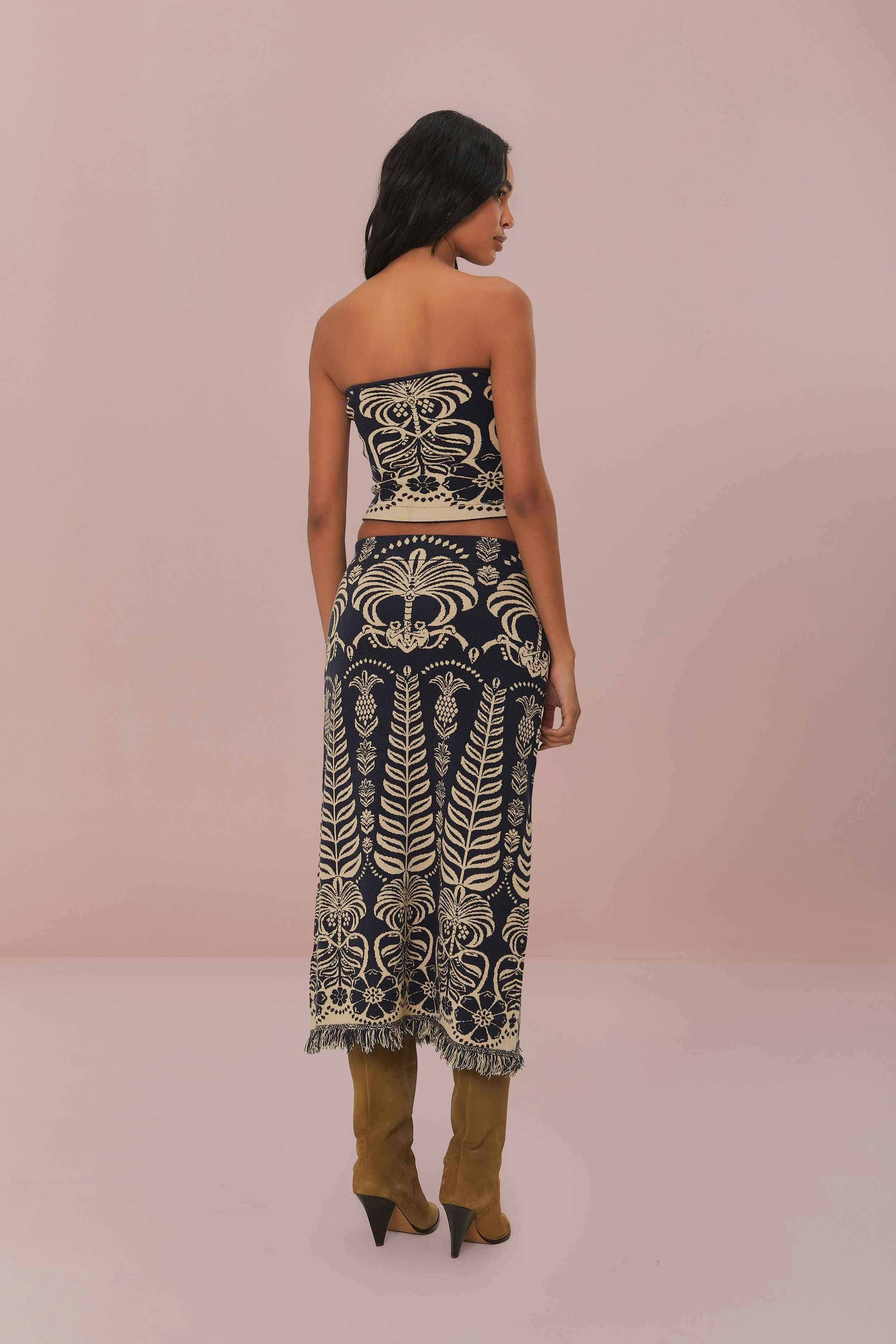Navy Blue Ainika Tropical Splendor Knit Midi Skirt A Line Silhouette