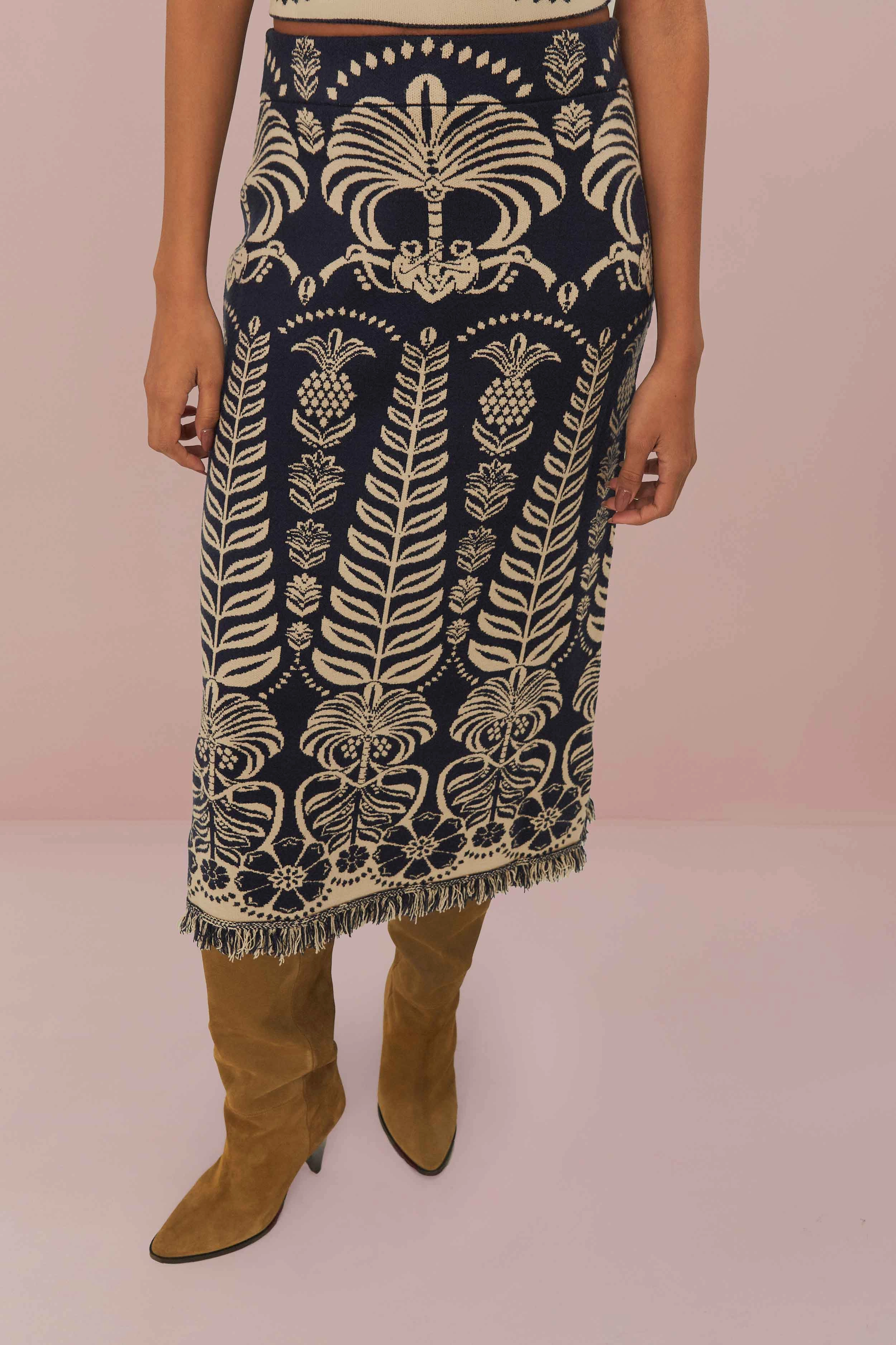 Basic Layers Navy Blue Ainika Tropical Splendor Knit Midi Skirt