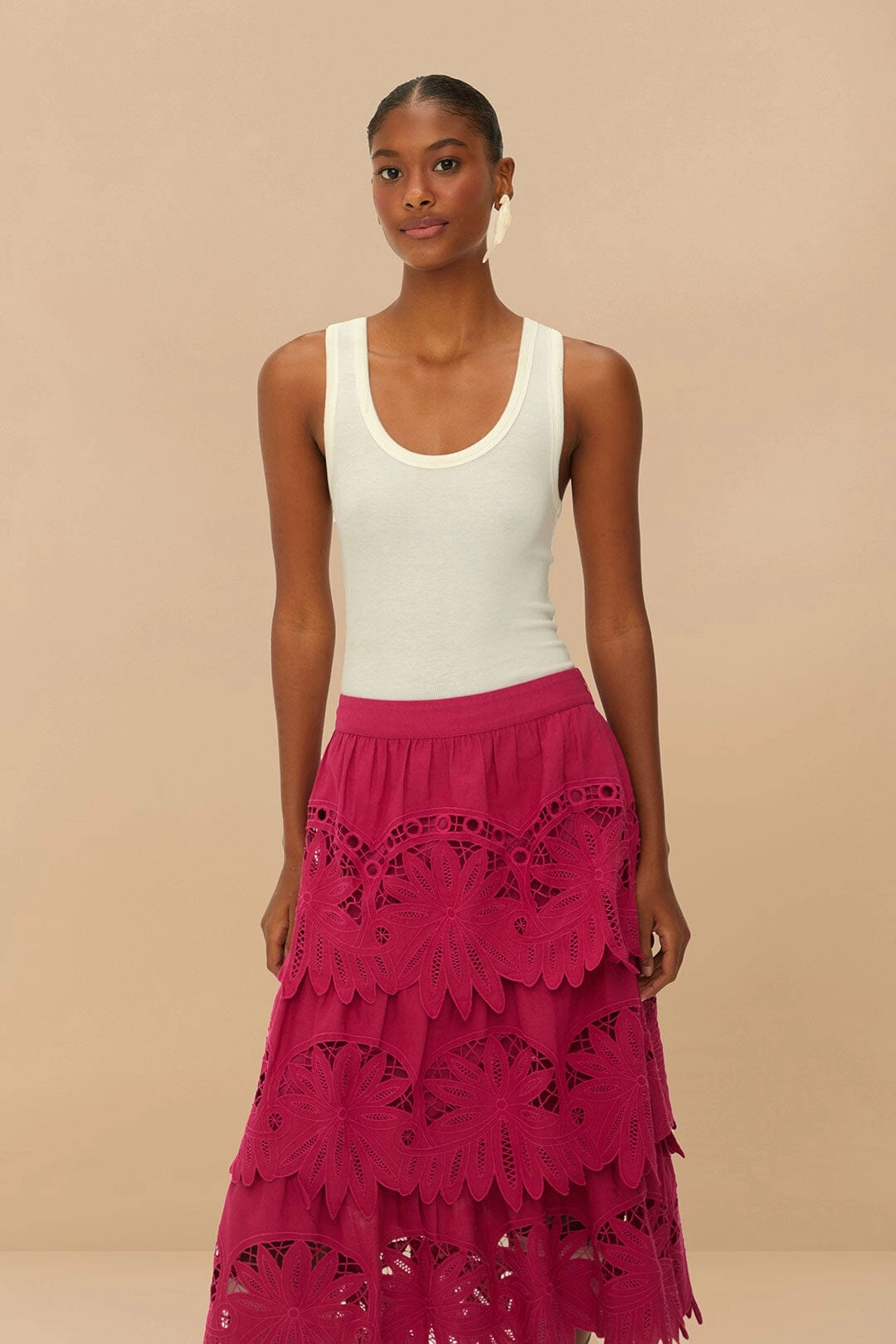 Easy Fashion Vibe Shot Pink Daisy Embroidered Midi Skirt
