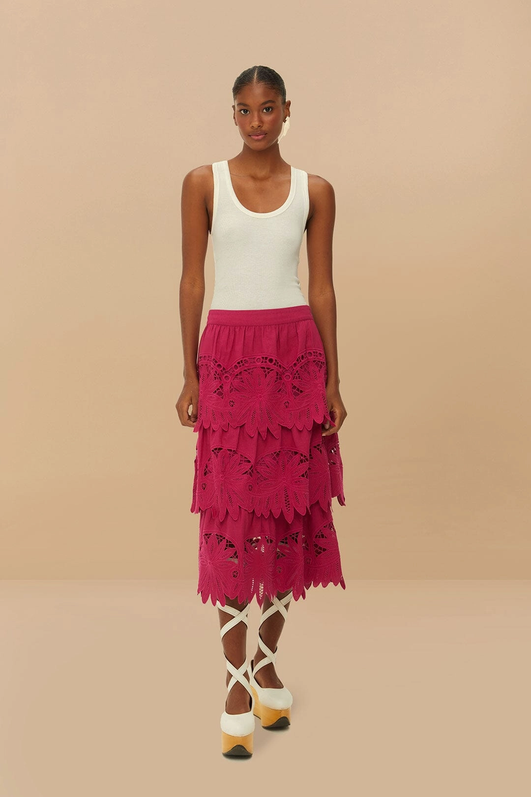 Pocket Design Pink Daisy Embroidered Midi Skirt