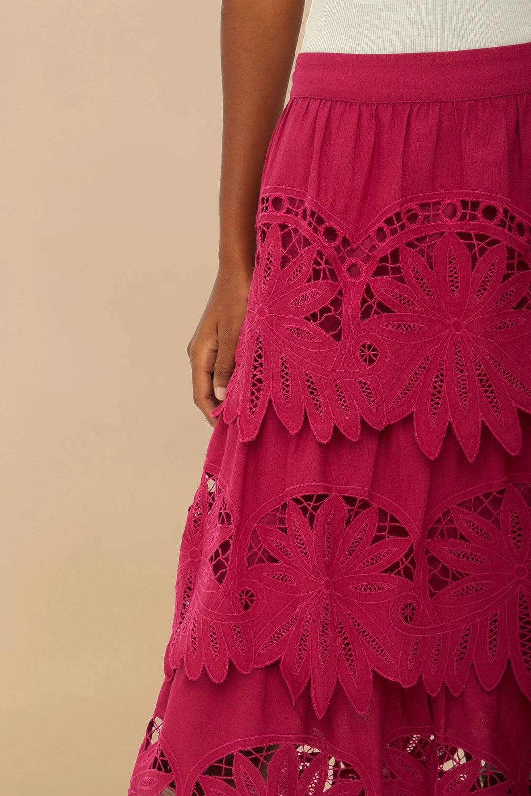 Contrast Stitching Cool Tone Pink Daisy Embroidered Midi Skirt