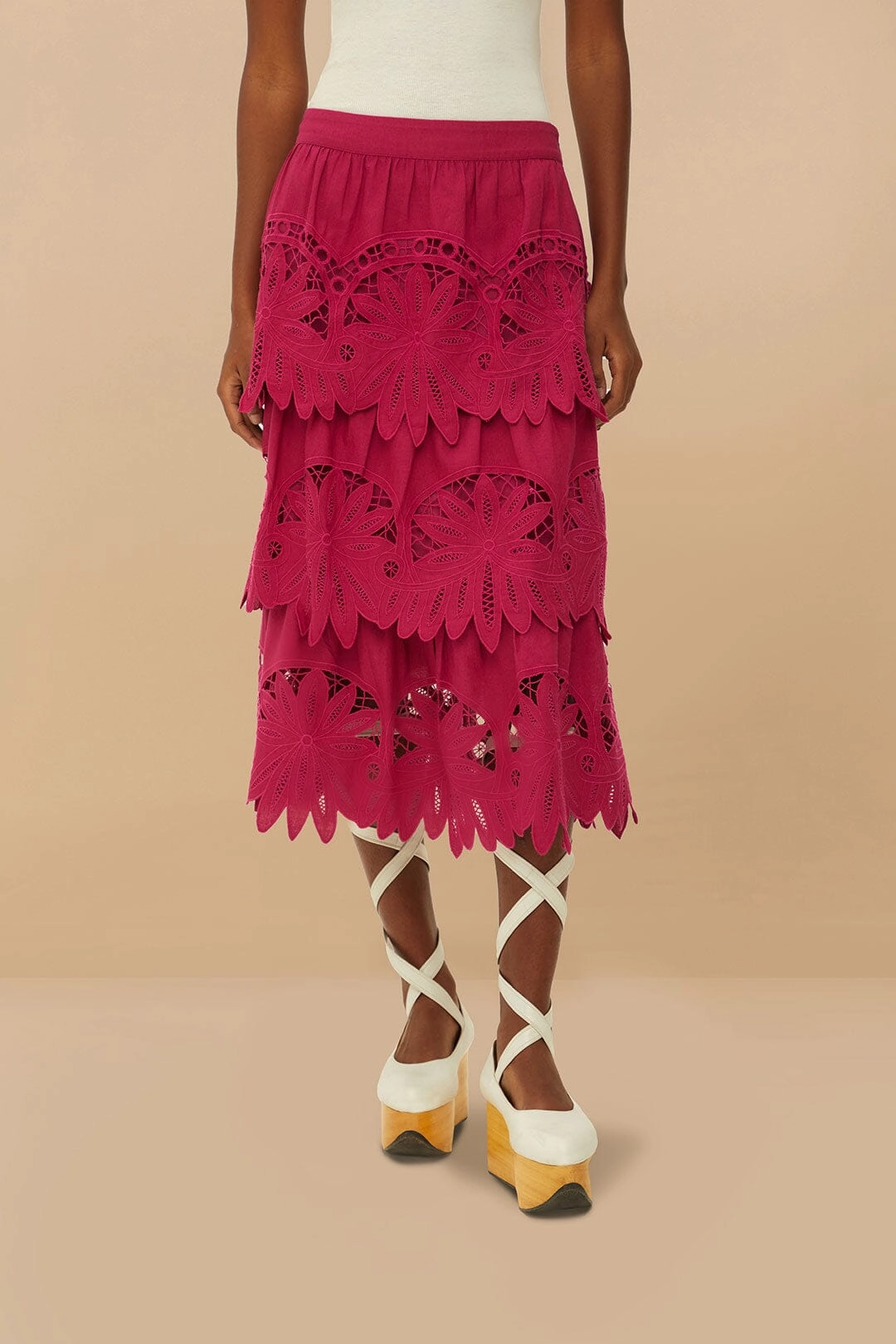 Maternity Friendly Pink Daisy Embroidered Midi Skirt