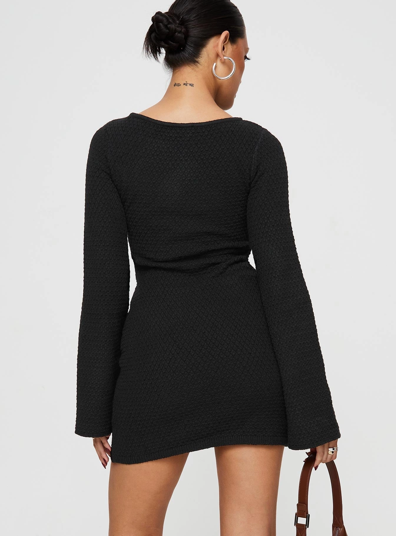 Malcalm Long Sleeve Mini Dress Black Stylish Comfort Rhinestone-Detail