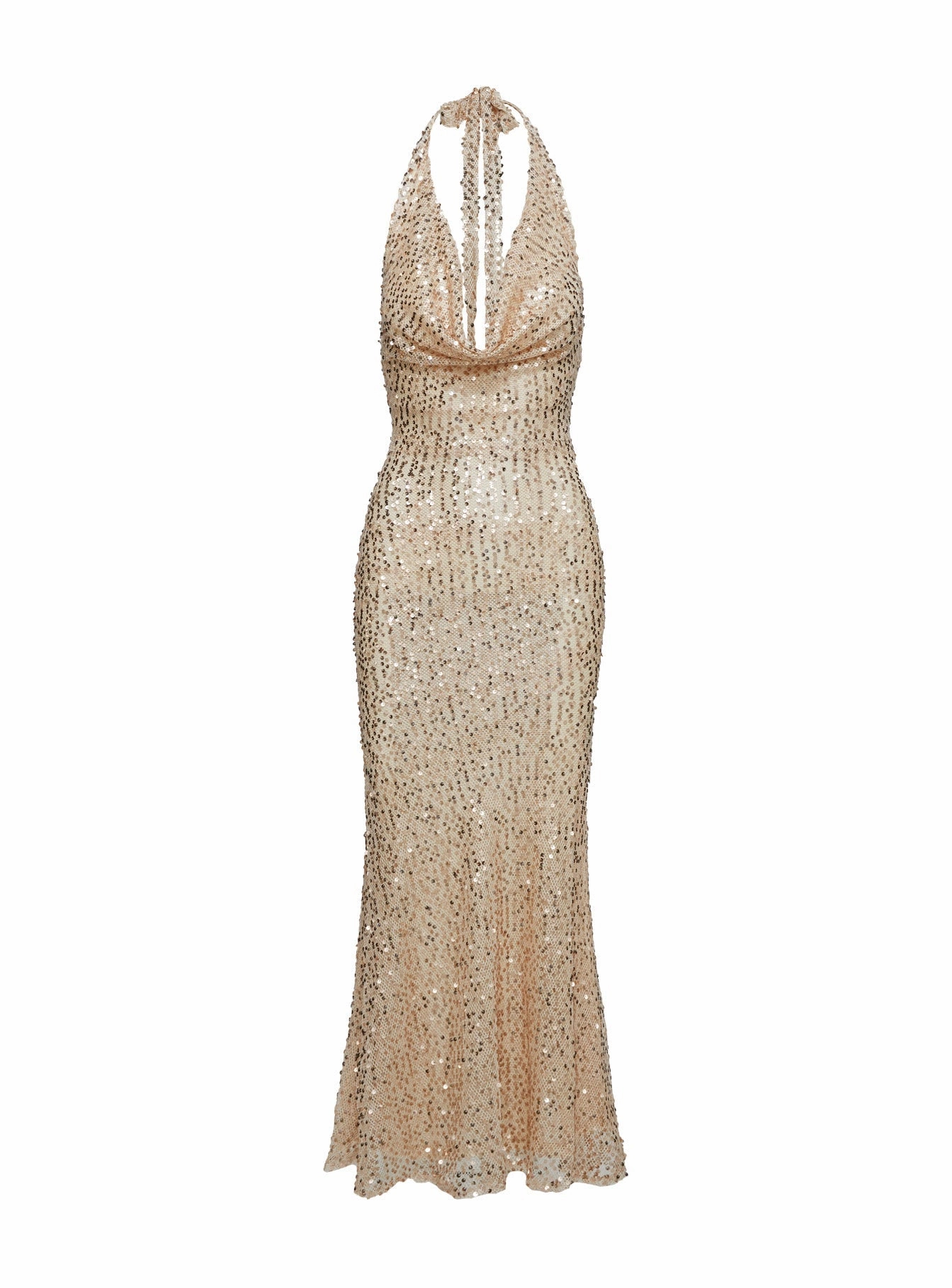 Luxurious Cowl Neck Sequin Maxi Dress Champagne Versatile Layers Day-To-Night Wear