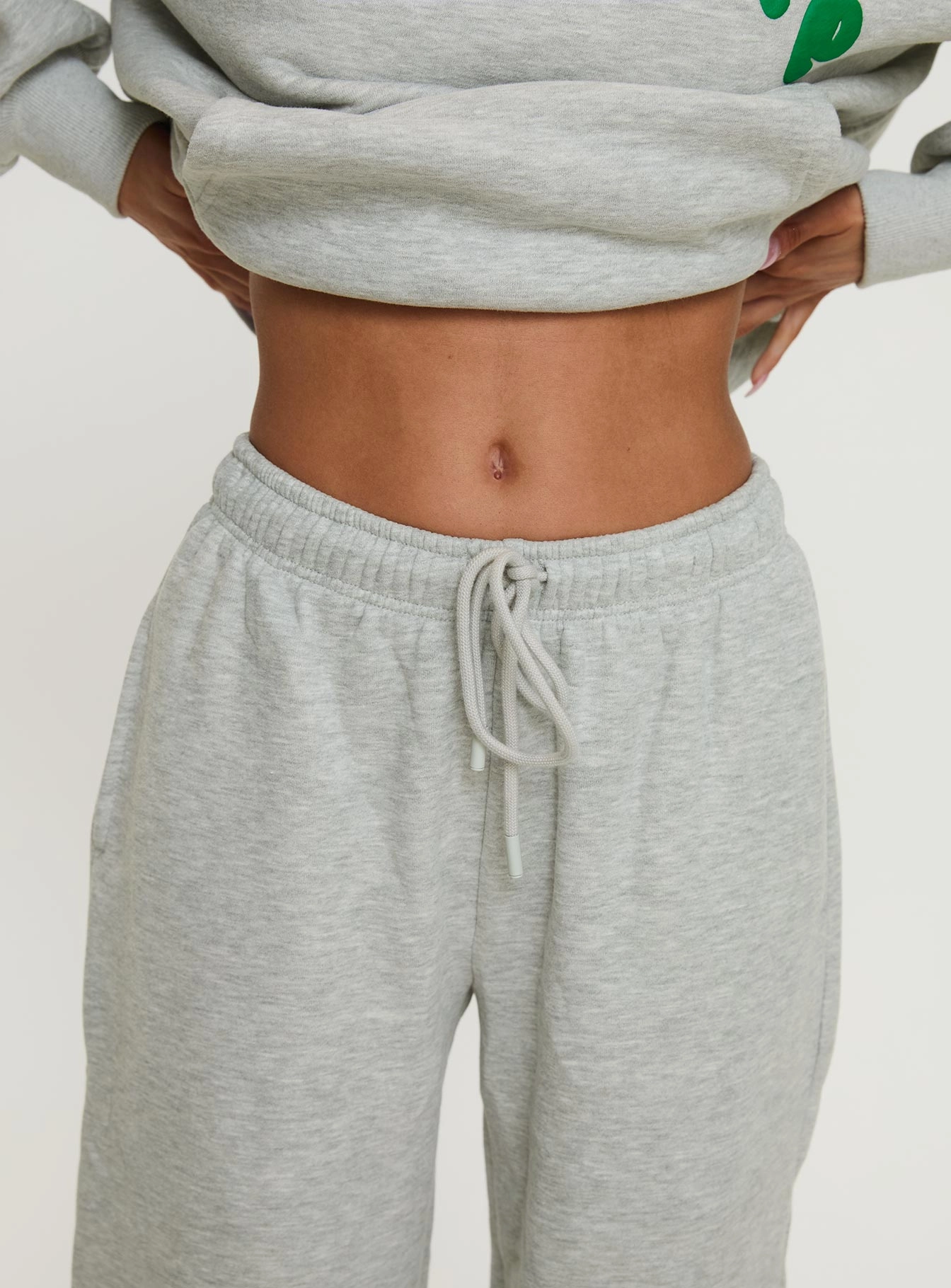 Princess Polly Wide Leg Track Pant Bubble Text Grey Marle / Green Perfect Movement