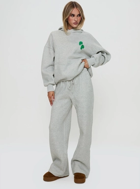 Princess Polly Wide Leg Track Pant Bubble Text Grey Marle / Green Tight Waist MoistureWickingLining