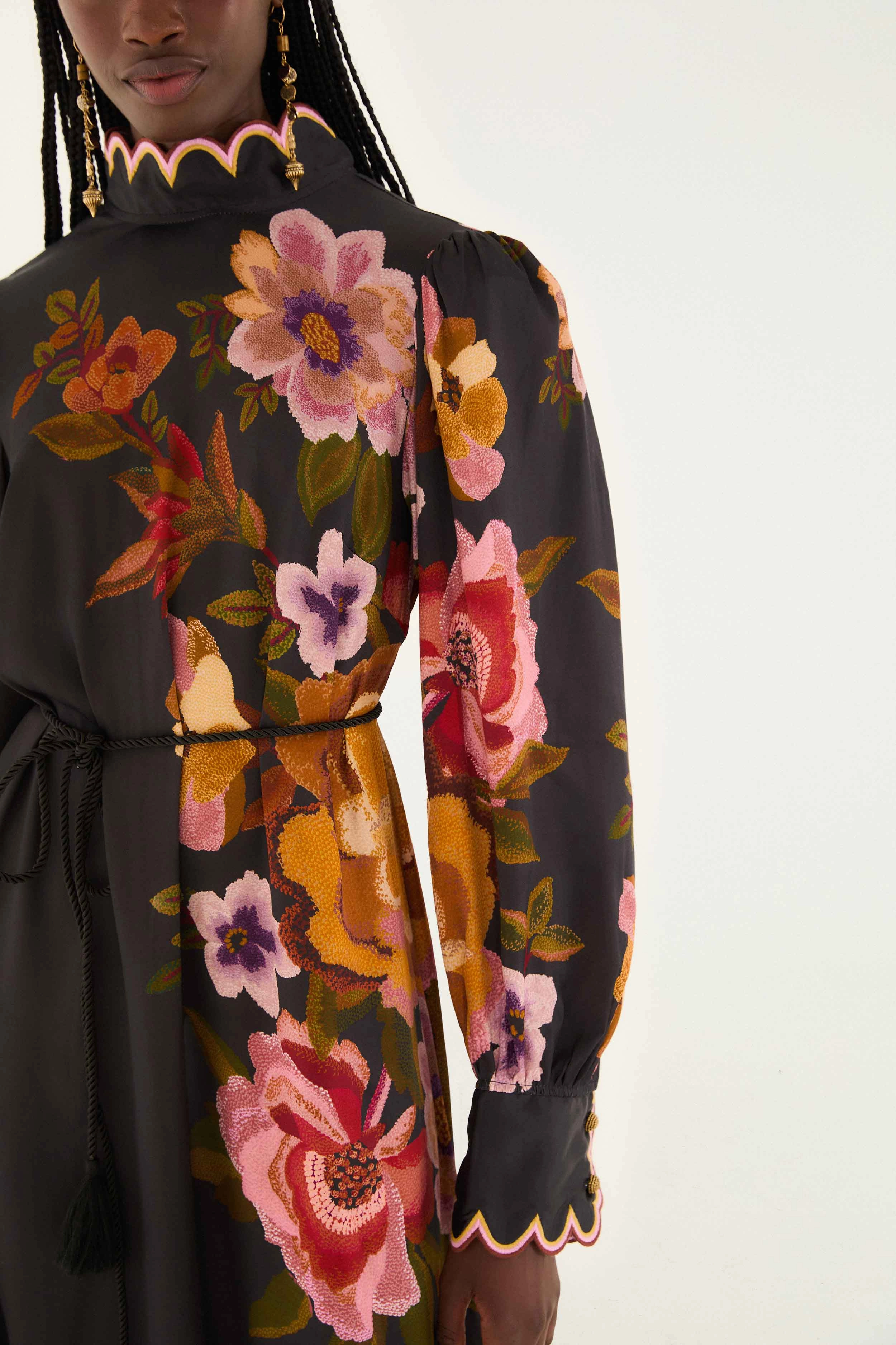 Lace Ease Sparkling Duds Black Chenille Flowers Lenzing? Ecovero? Viscose Midi Dress