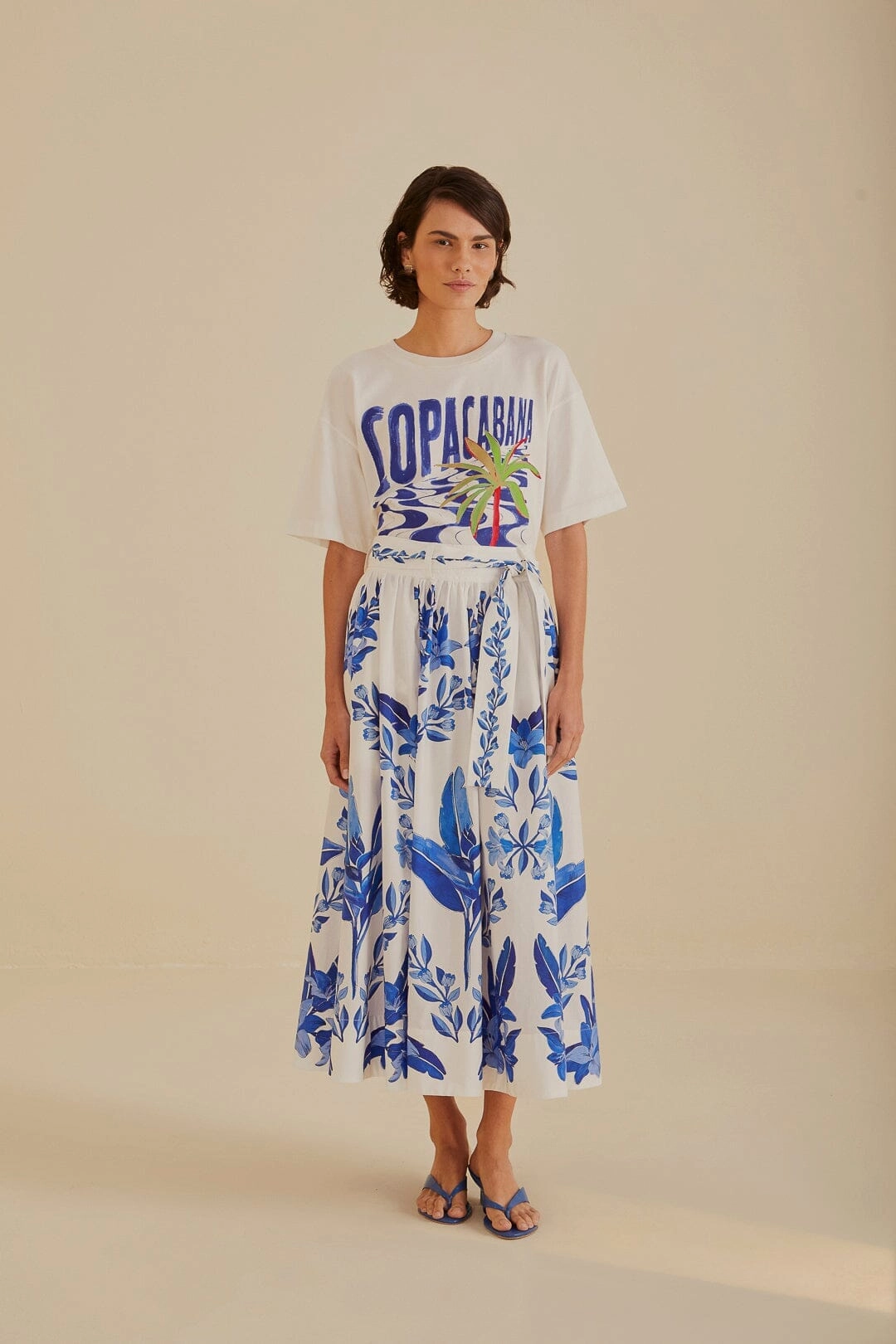Non Irritating Texture Polished Style Off-White Blue Yard Organic Cotton Midi Skirt
