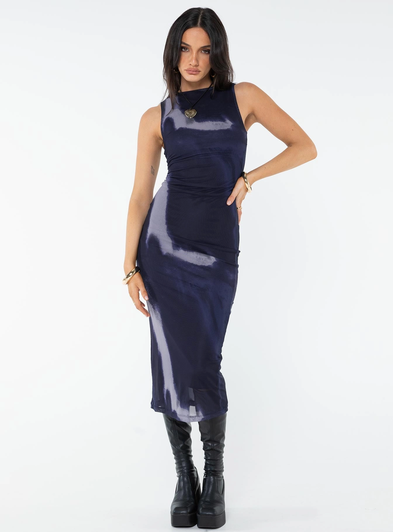 Work Pairing Smart Lines Fayola Dress Mesh Watercolour Navy