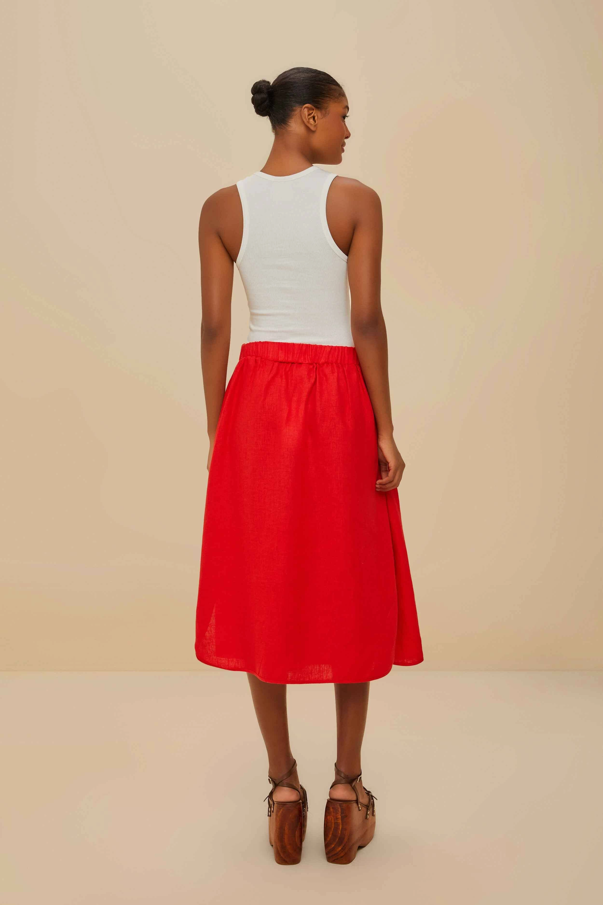 Red Mixed Buttons Euroflax? Premium Linen Midi Skirt Contoured Waist Wrap style