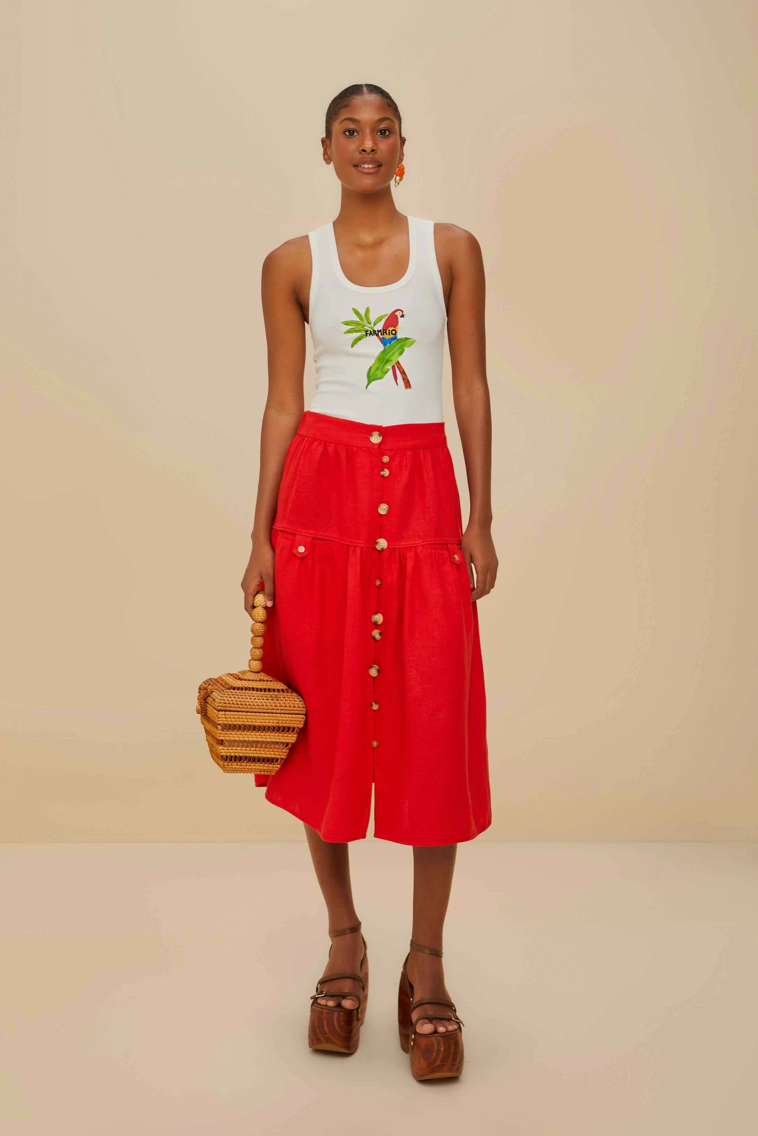 Travel Ready Red Mixed Buttons Euroflax? Premium Linen Midi Skirt
