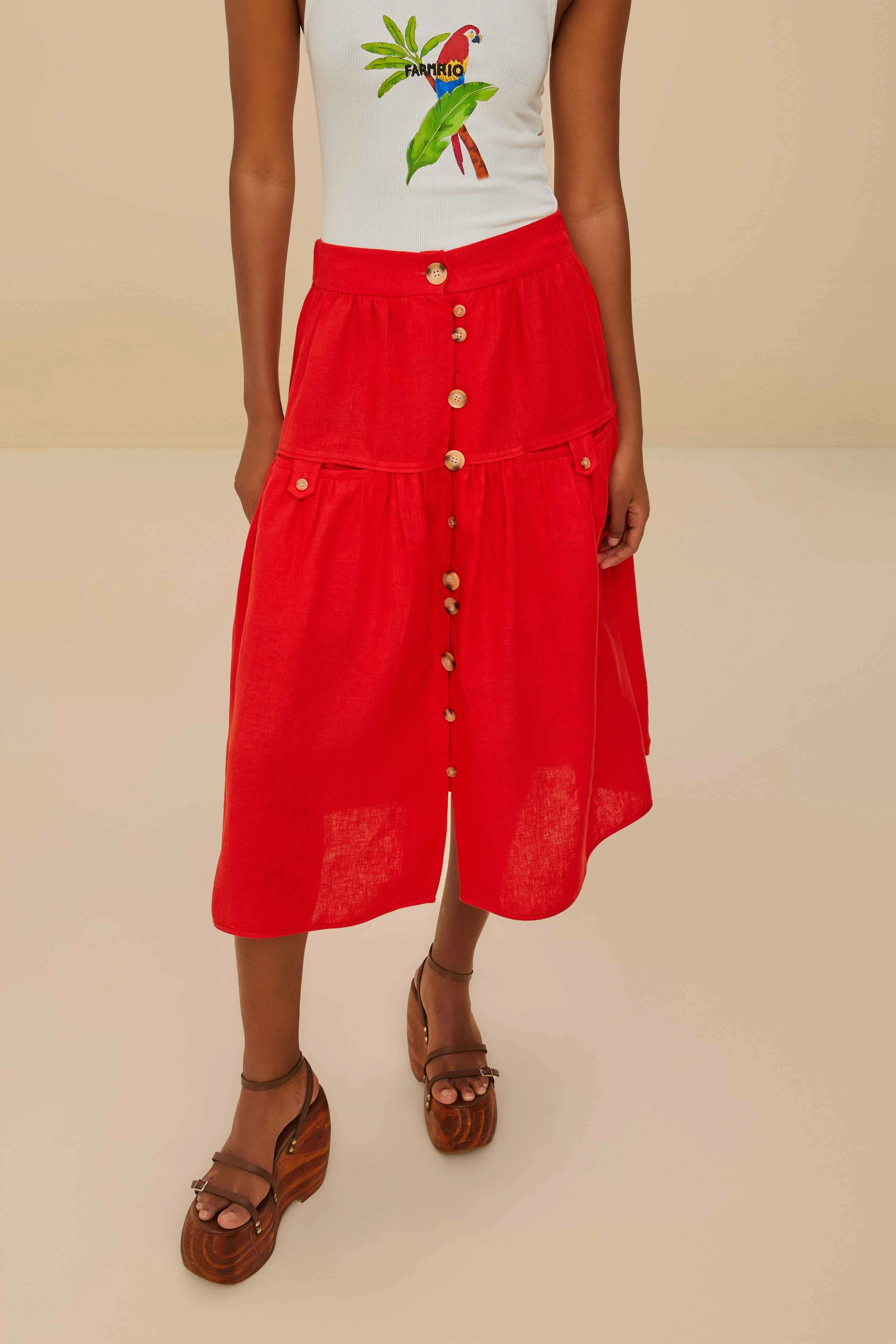 Red Mixed Buttons Euroflax? Premium Linen Midi Skirt Natural Look