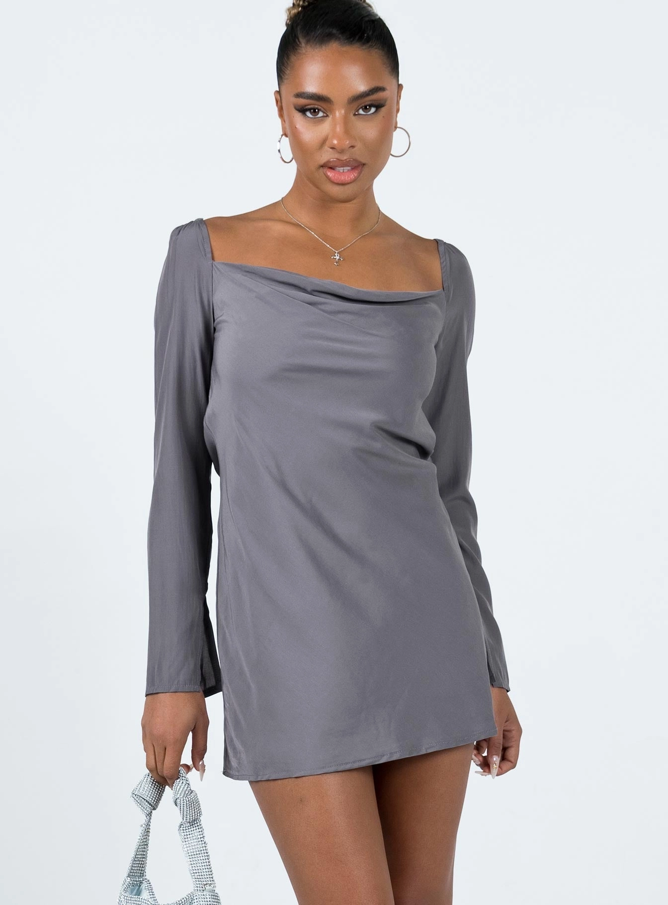 Star Power Mini Dress Slate Satin Fabric Sporty Look