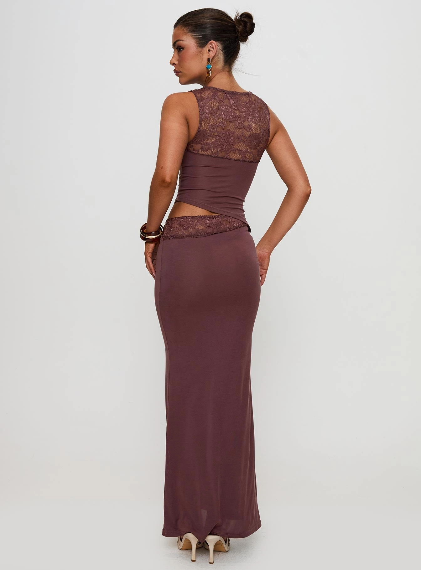 Vesperine Lace Maxi Dress Cocoa Brown Refined Finish Ruffle Hem