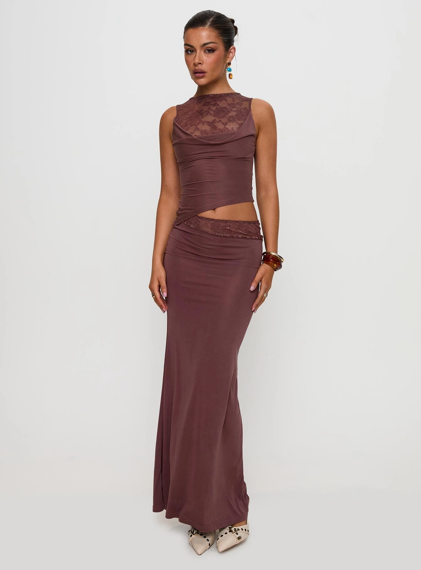 Weekend Fresh Perfect Layering Vesperine Lace Maxi Dress Cocoa Brown