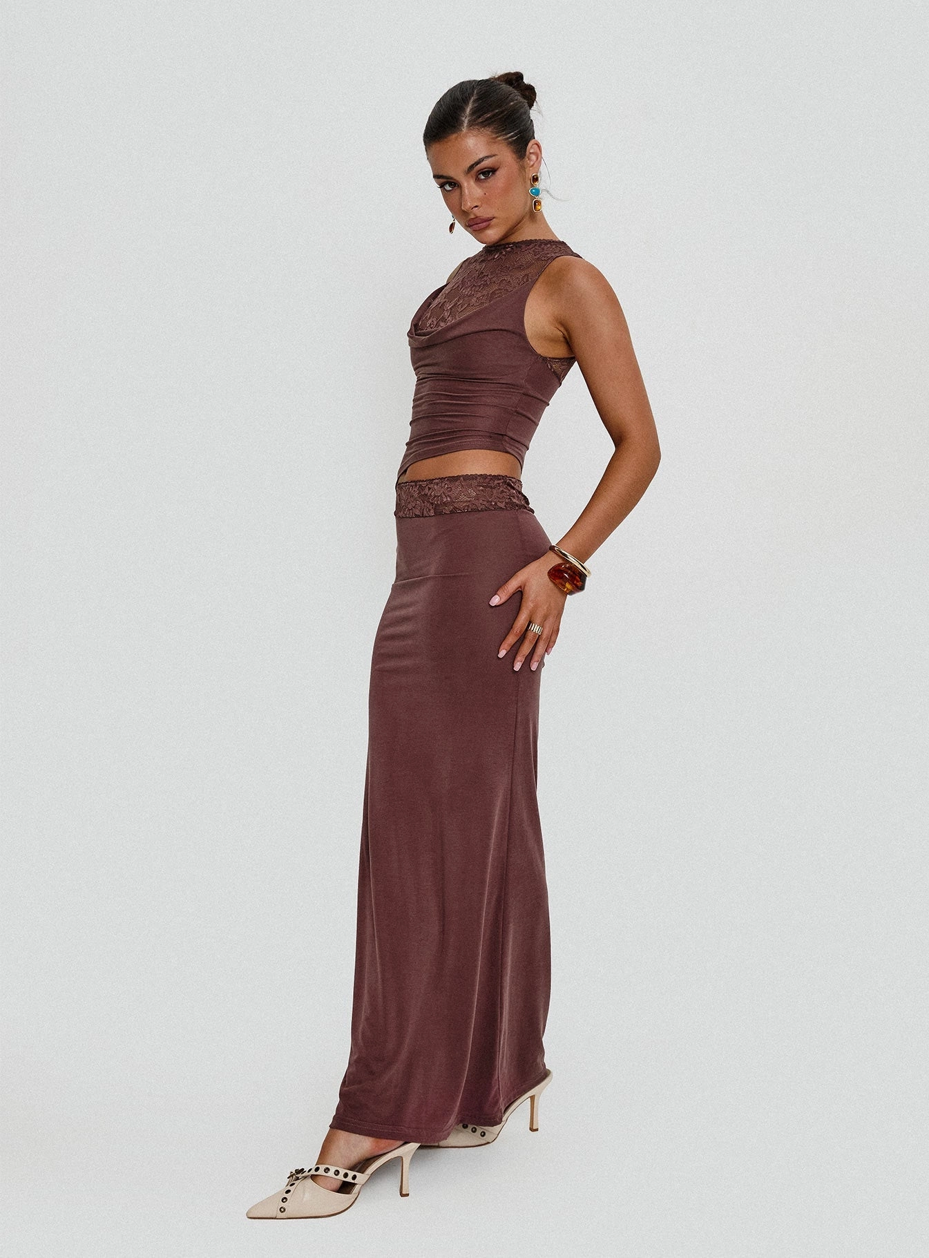 Vesperine Lace Maxi Dress Cocoa Brown Trendy Everyday