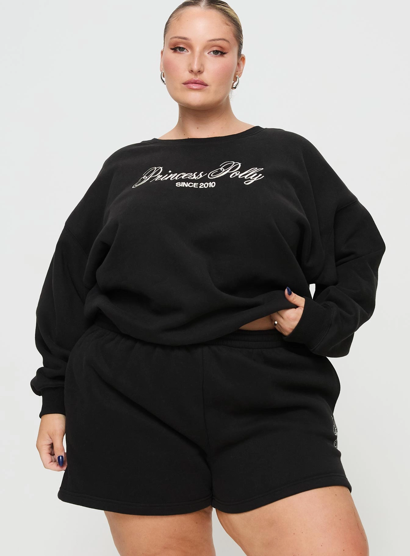 Pocket Reinforcement Princess Polly Track Shorts Cursive Text Black Sand Curve