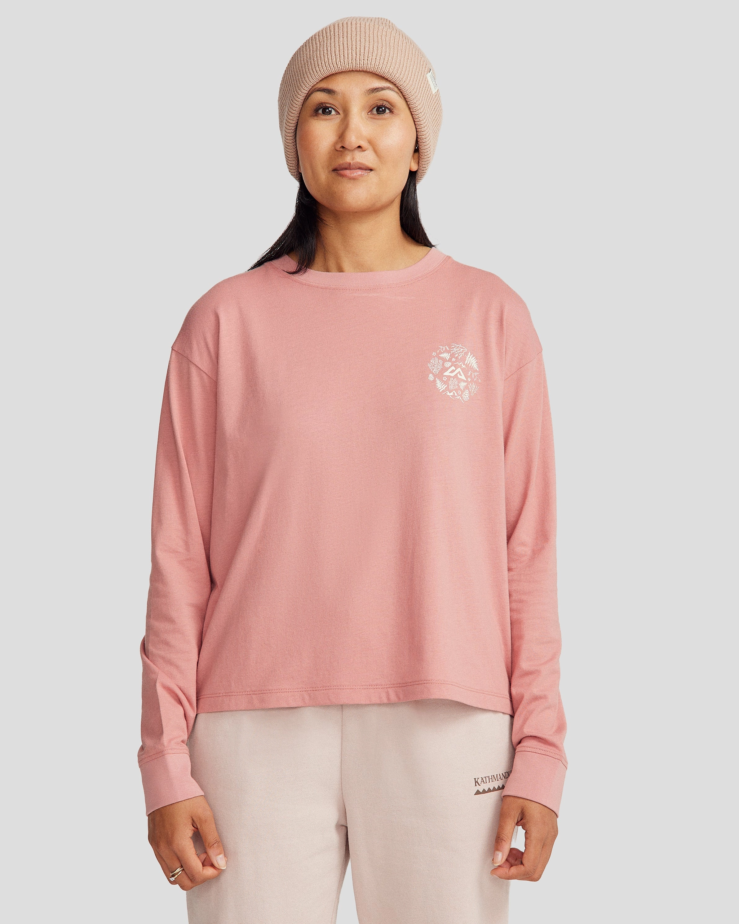 Women's Nature Icons Organic Cotton Long Sleeve T-shirt - Light Clay Double Stitched Seams